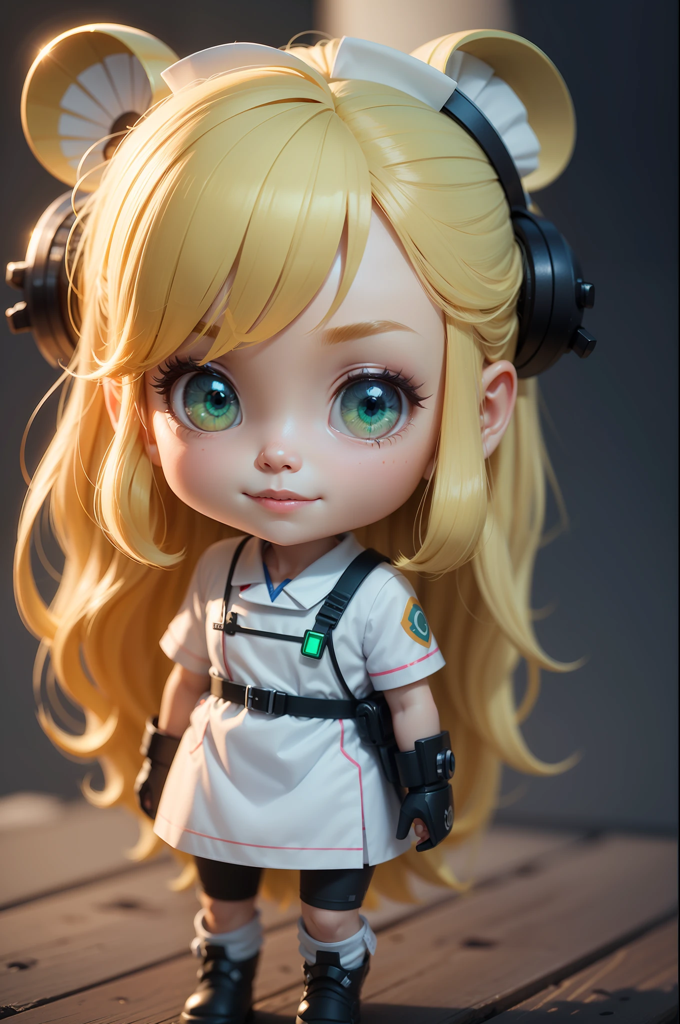 A 3D image of a man, Whole body, standing, beautifful smiling face, black eyes, long blond hair, wearing a nurse white uniform with small green details in a chibi and Disney style, with white clouds in the background, detailed, ultra high definition, 8K, in the style of Quixel Megascans, 3D Scan Store, and Epic Games - @SandroMansini want more?join our official channel for unlimited creation --auto --s2