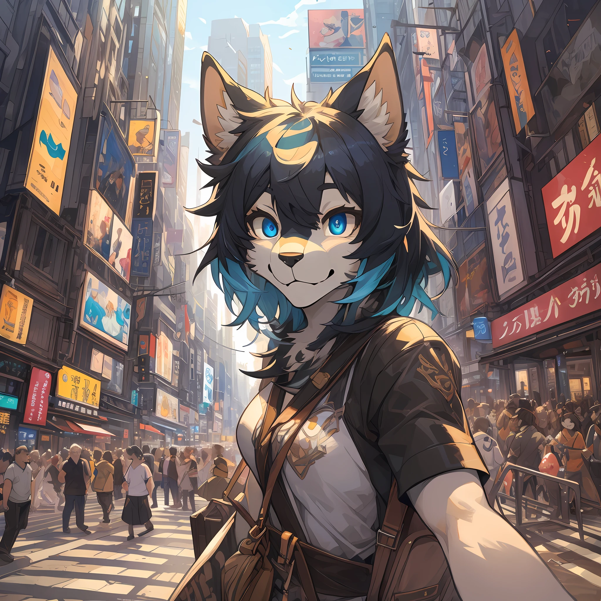 top quality, best quality, High-quality illustrations, masterpiece, super high resolution, detailed background, Crowded cityscape, Crowded, absurdres(highly detailed beautiful face and eyes)perfect anatomy(kemono)(furry anthro)selfie,