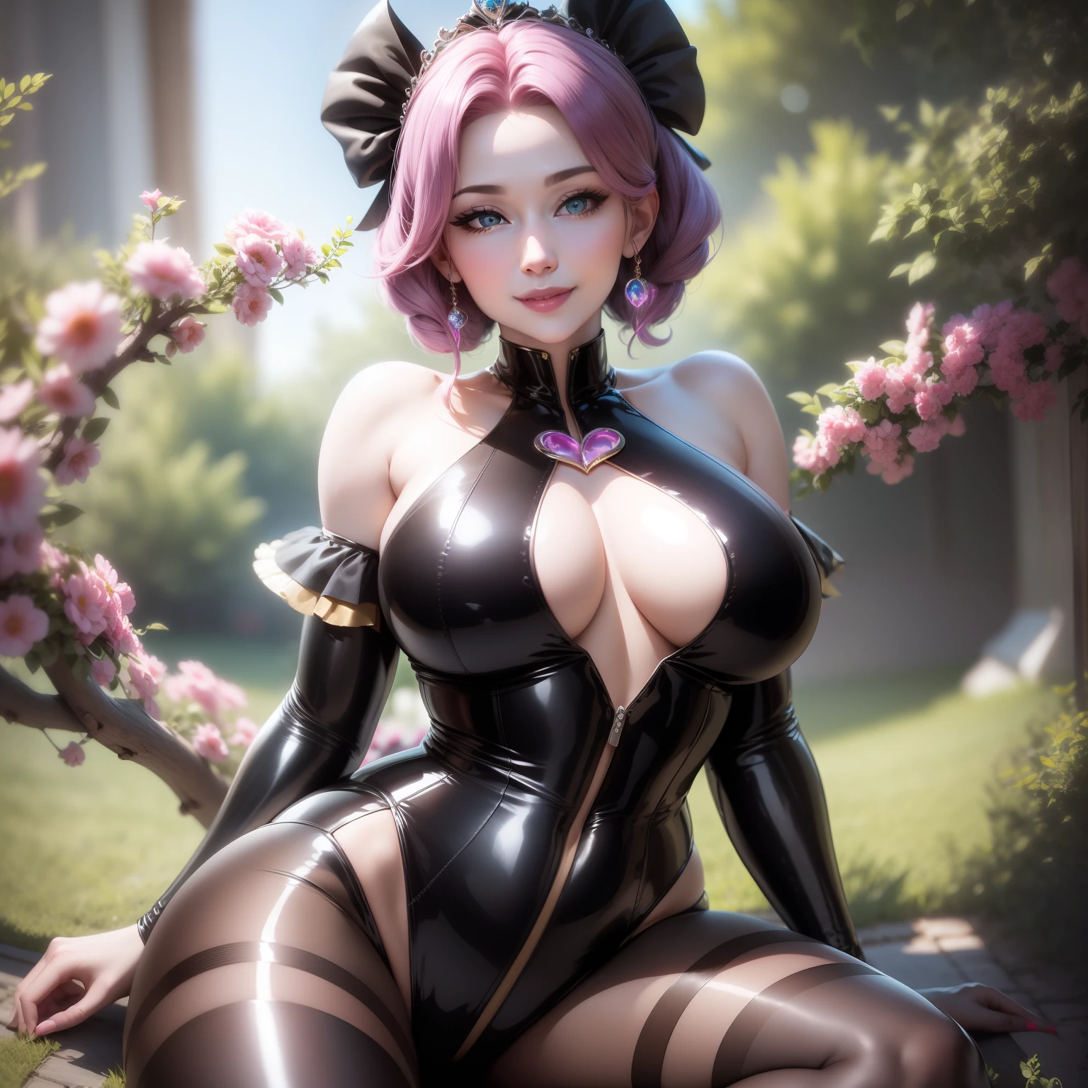 Beautiful detailed face, FULLBODY, skintight, female, heart-shaped pupils, multicolored hair, hime cut, smile, tiara, ribbon, jeweled branch of hourai, Mini-short dress, huge boobs,k jumpsuit, UHD, masterpiece, high quality, highres, 8k, best quality, award winning, anatomically correct