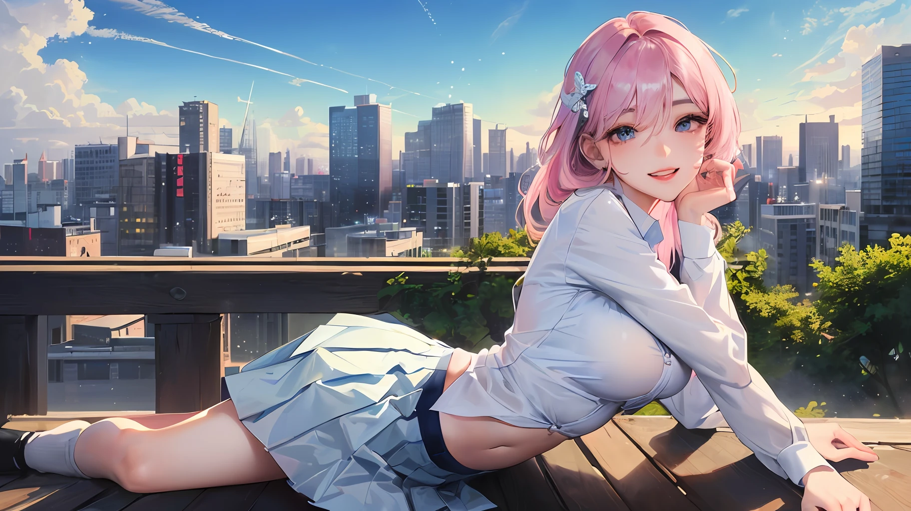 official art, masterpiece, sharp focus, (beautiful gorgeous cute Korean woman:1.3), (beautiful cute korean:1.3), korean beauty, Delicate and beautiful hair and eyes and face, realistic, ultra detailed, beautiful girl, blue sky, glow white particle, (sidelighting:1.2), sun light, white cloud, detailed clouds, slender, Lovely very large breasts and very large hips, smile with teeth, ((smile with eyes, open both eyes)), scenery, long straight hair, sexy facial expression, building, (cityscape:1.7), dynamic hair, long straight hair, detailed platinum pink hair, glow blue eyes, (blue pleated shirts + white skirt), white long socks, pale skin, hair ornament, epic scenery,