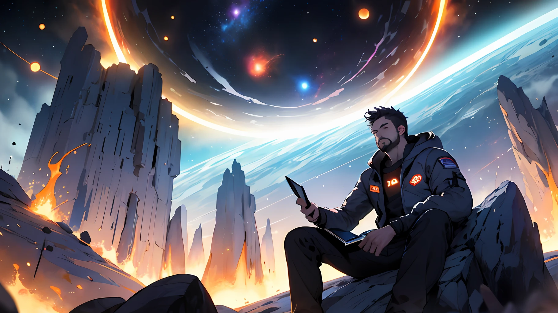 Draw a young programmer, sitting on a research platform floating in the middle of an asteroid belt. He is studying with a notebook, surrounded by several asteroids glowing with fiery auras. Dramatic lighting from distant stars and planets illuminates the scene, casting deep shadows on the suit. The young man looks confident and determined, looking at the vast and mysterious universe with wonder and respect,facial hair, cowboy shot,