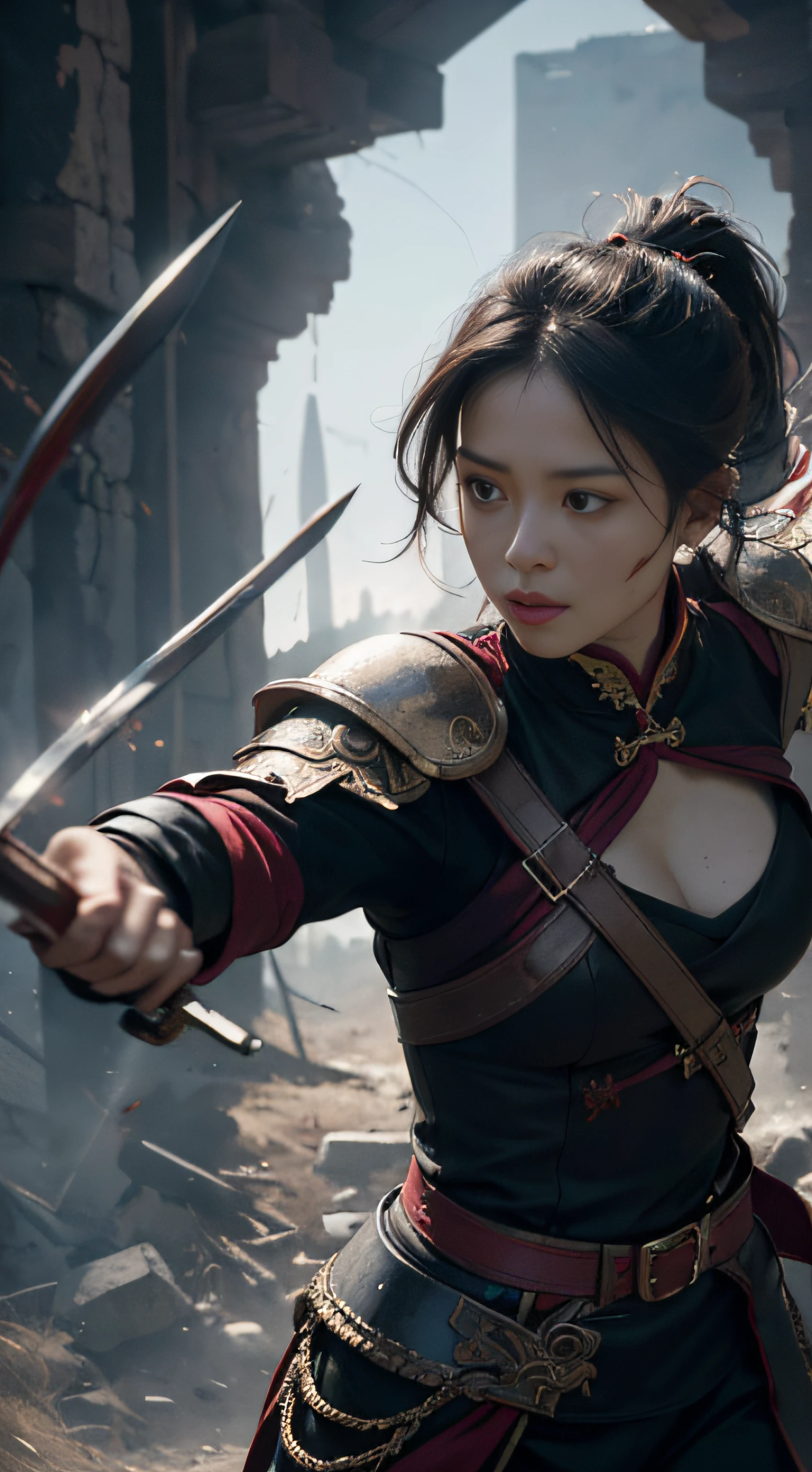 (Positive Focus), (In the Dark: 1), (Best Quality), (Realisticity: 1), Movie Poster, Realistic Skin Texture, Highly Detailed, 8k Wallpaper, Volume Lighting, Dynamic Lighting, A Girl, Long Black Hair, Ponytail, Black Metal Armor, Red Belt, Black Armor, Shoulder Armor, Waist Guard, Hand Guard, Veil, Holding a Long Sword in front of Body, Ancient Chinese Style, Short Sword at the Waist Attacking Posture, Lots of Blood, Damaged Clothes, Ancient Chinese Battlefield, A Group of Ancient Soldiers Chasing and Killing, Arrows Flying, War, night, dramatic composition, sword qi surrounding, rich picture detail, war, movie lighting,