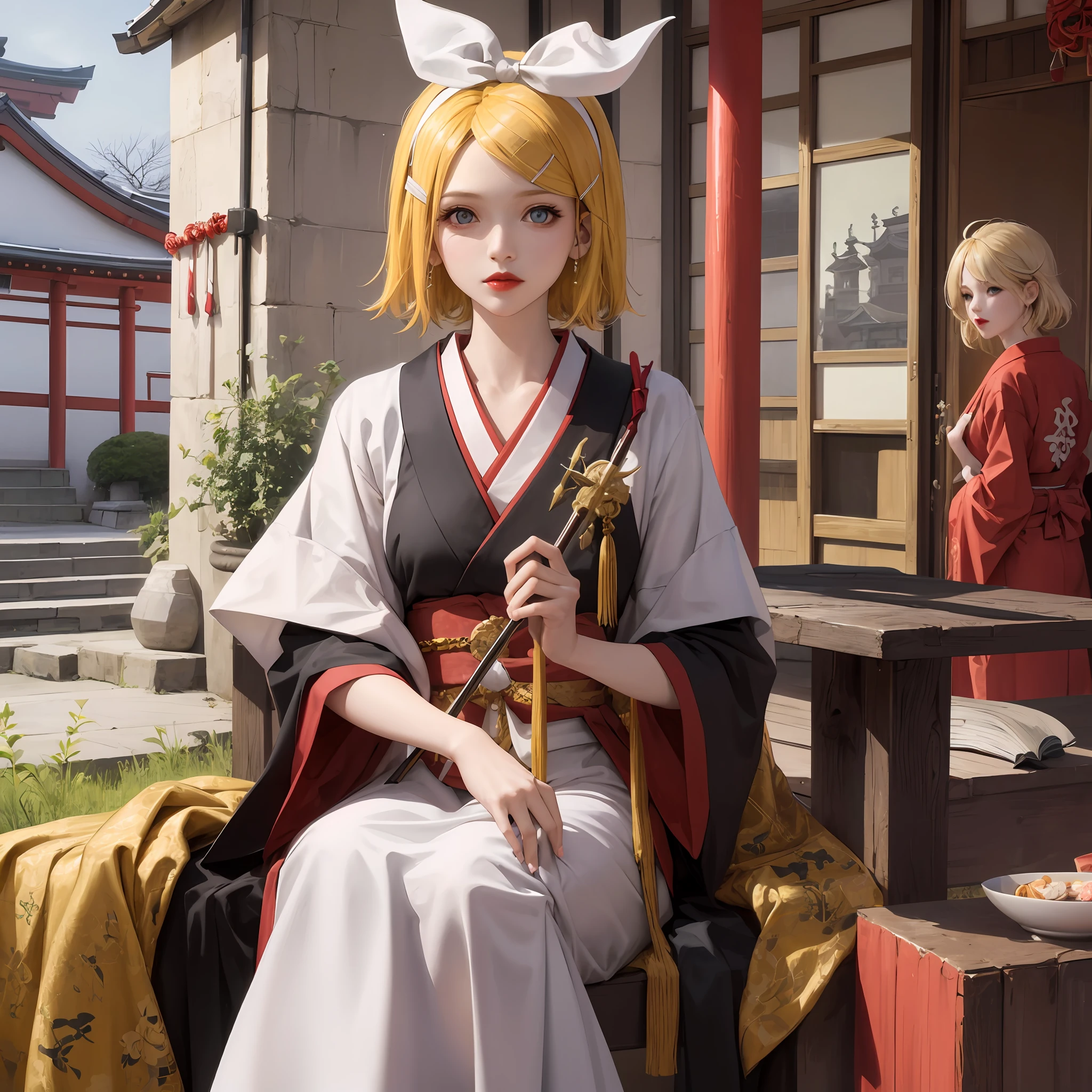 Kagamine rin, shrine, miko, priestess ((traditional of Japan)), blue eyes, blond hair, red lips, beautiful girl, 1girl, holding ceremonial staff --auto