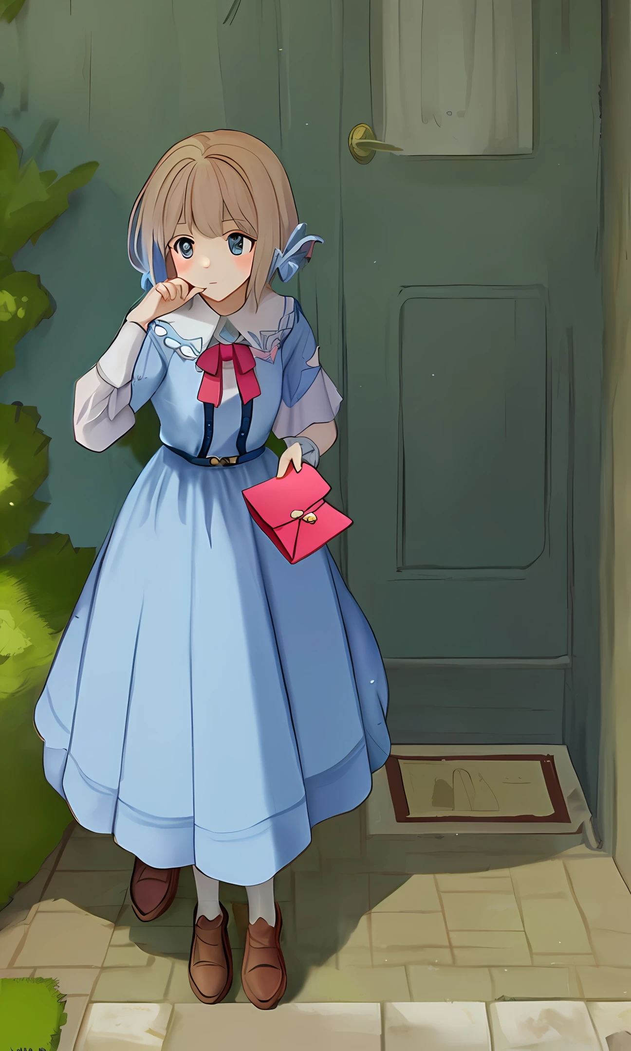 On a sunny morning, very early, Alice woke up, her little heart beating excitedly. A blue envelope, full of mystery, stood on the doorstep, leaving her intrigued.