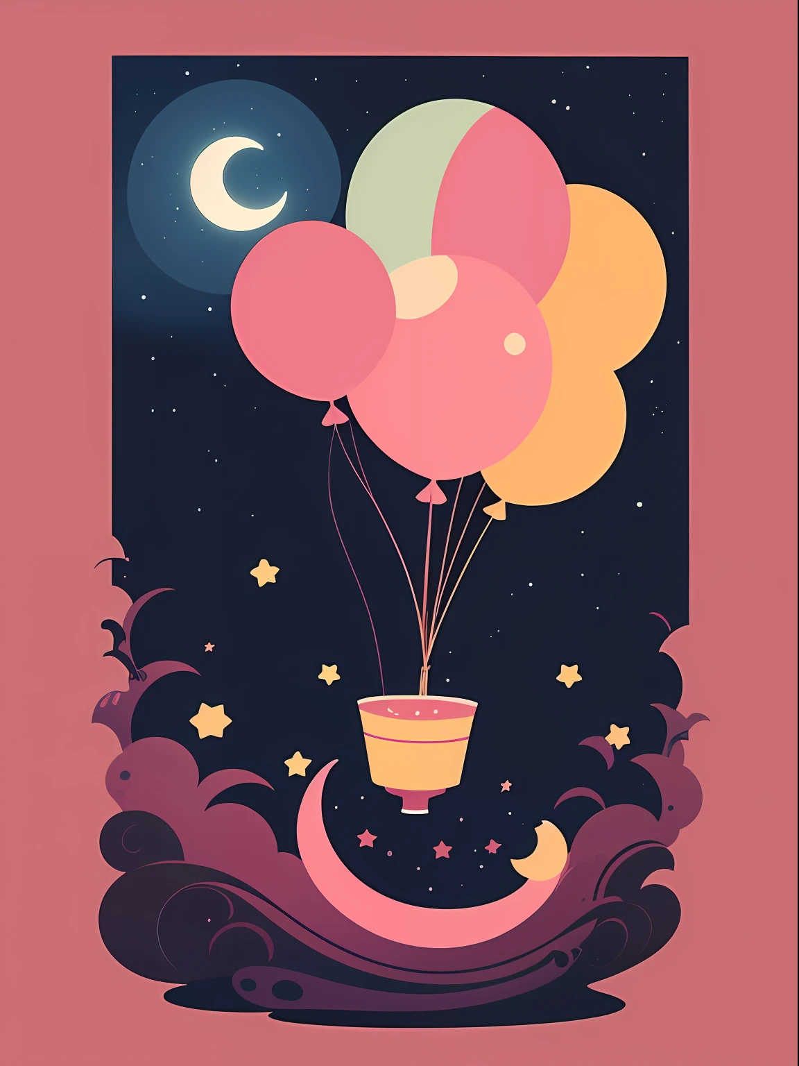 Flat illustration style, balloon, star, moon, pink background, night sky, catering, best quality --auto
