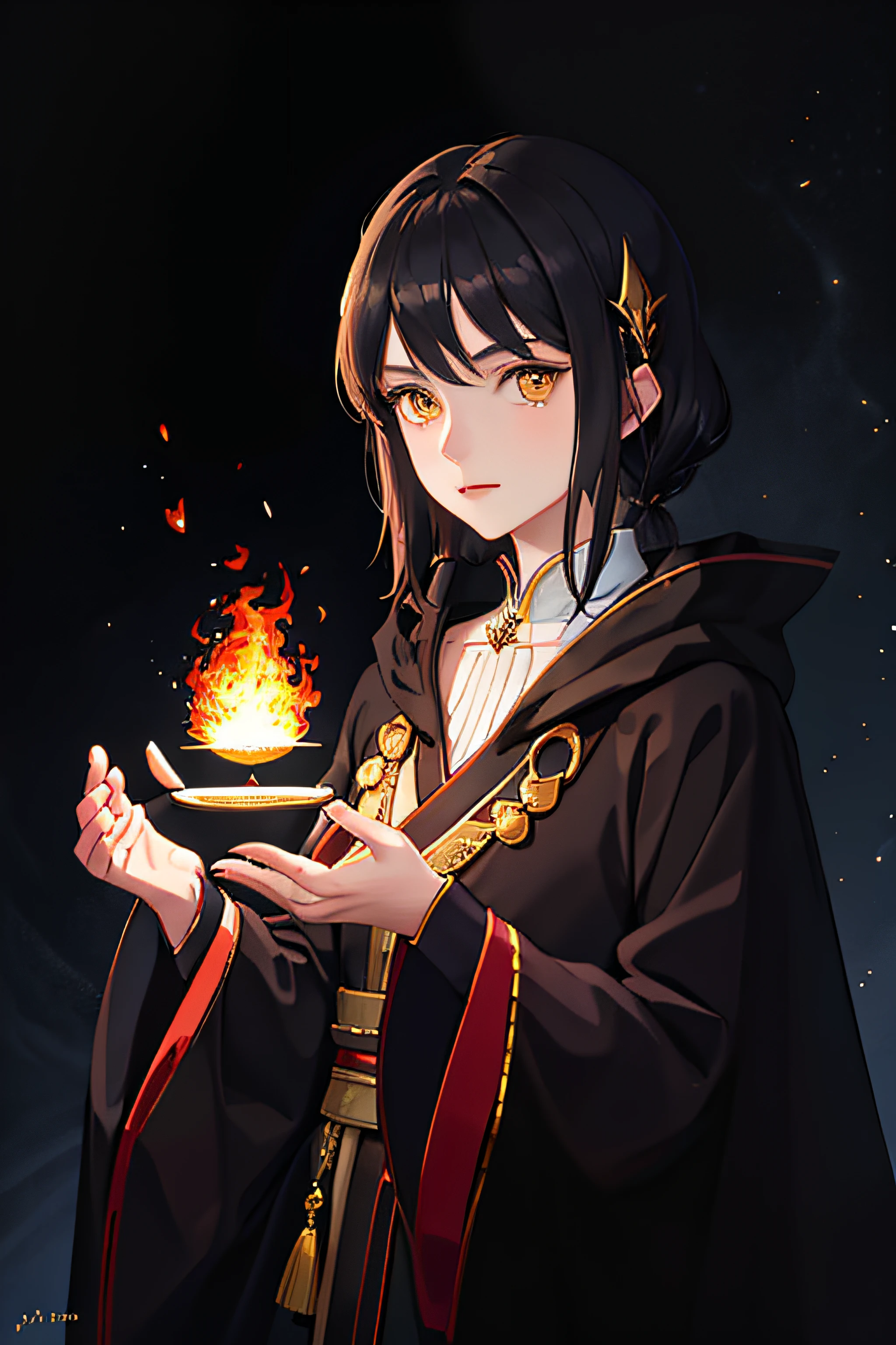 Portrait, a beautiful young woman, magician, yellow eyes, nobleman, short black hair, square, mage robes, fire