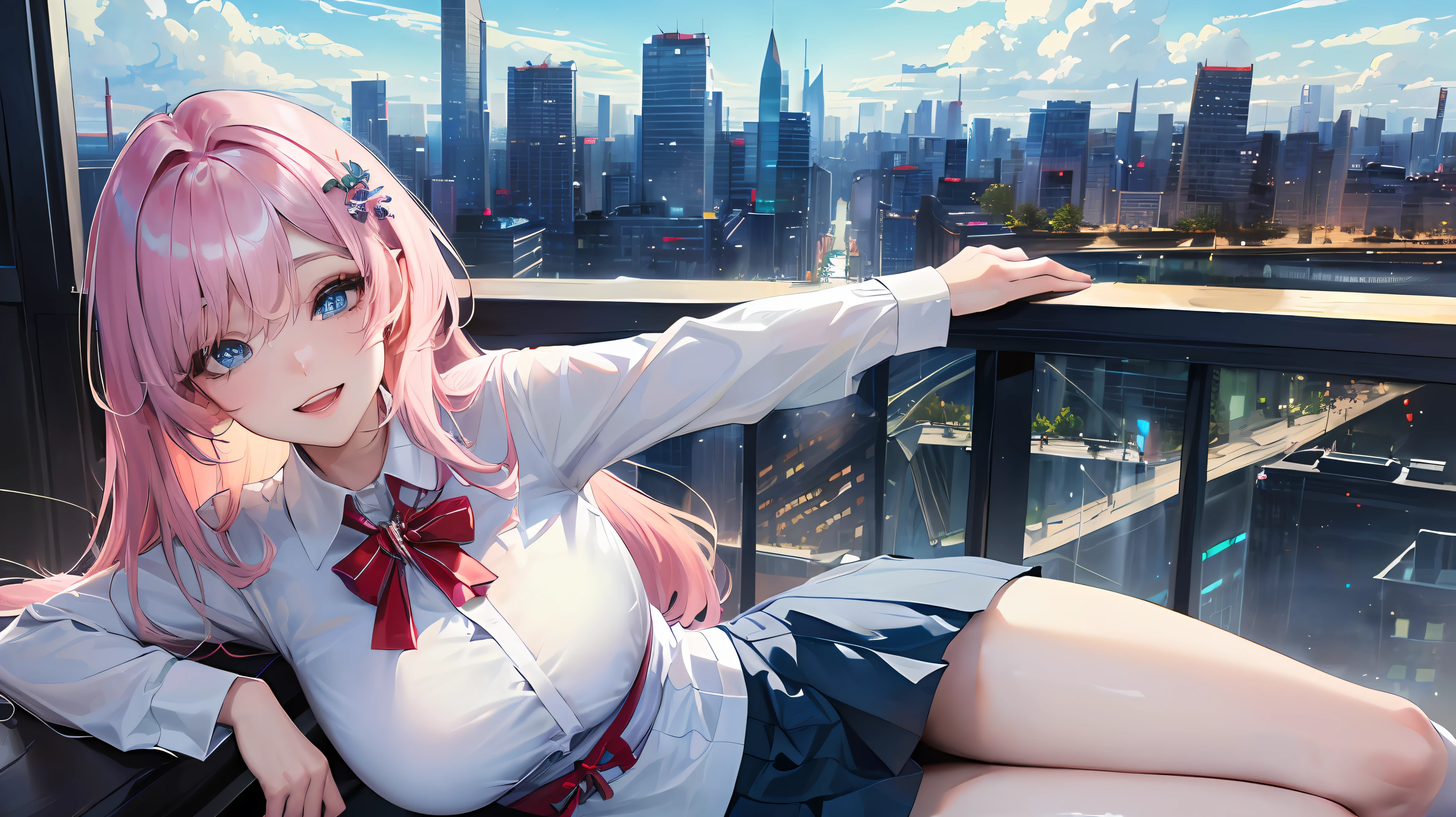 official art, masterpiece, sharp focus, (beautiful gorgeous cute Korean woman:1.3), (beautiful cute korean:1.3), korean beauty, Delicate and beautiful hair and eyes and face, realistic, ultra detailed, beautiful girl, blue sky, glow white particle, (sidelighting:1.2), sun light, white cloud, detailed clouds, slender, Lovely very large breasts and very large hips, smile with teeth, ((smile with eyes, open both eyes)), scenery, long straight hair, sexy facial expression, building, (cityscape:1.7), dynamic hair, long straight hair, detailed platinum pink hair, glow blue eyes, (blue pleated shirts + white skirt), white long socks, pale skin, hair ornament, epic scenery,