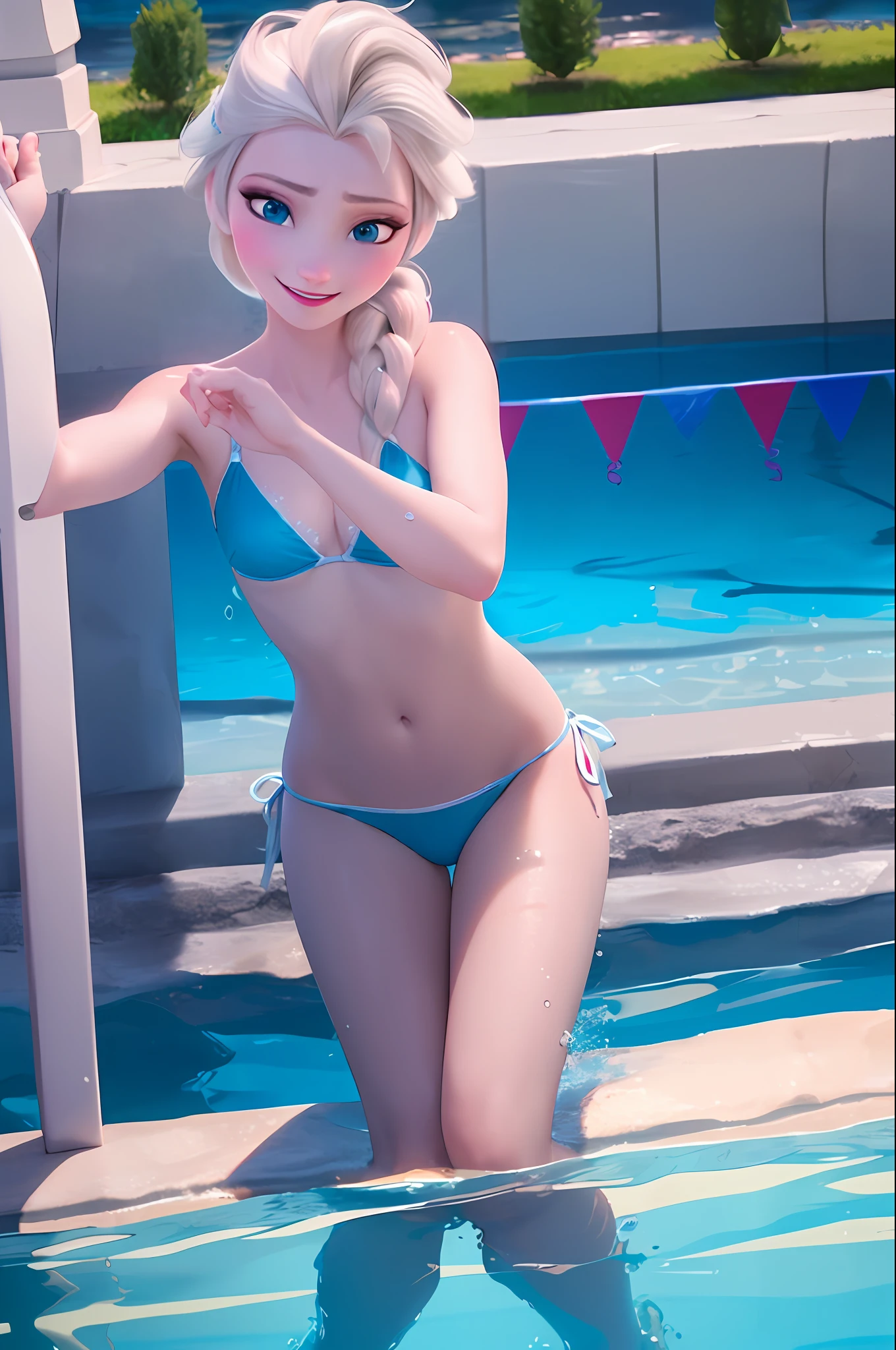 (masterpiece:1.4), (best qualit:1.4), (high resolution:1.4), elsa of arendelle, single braid, smile, (SWIMMING) underwater, bikini, view from Bottom of the pool