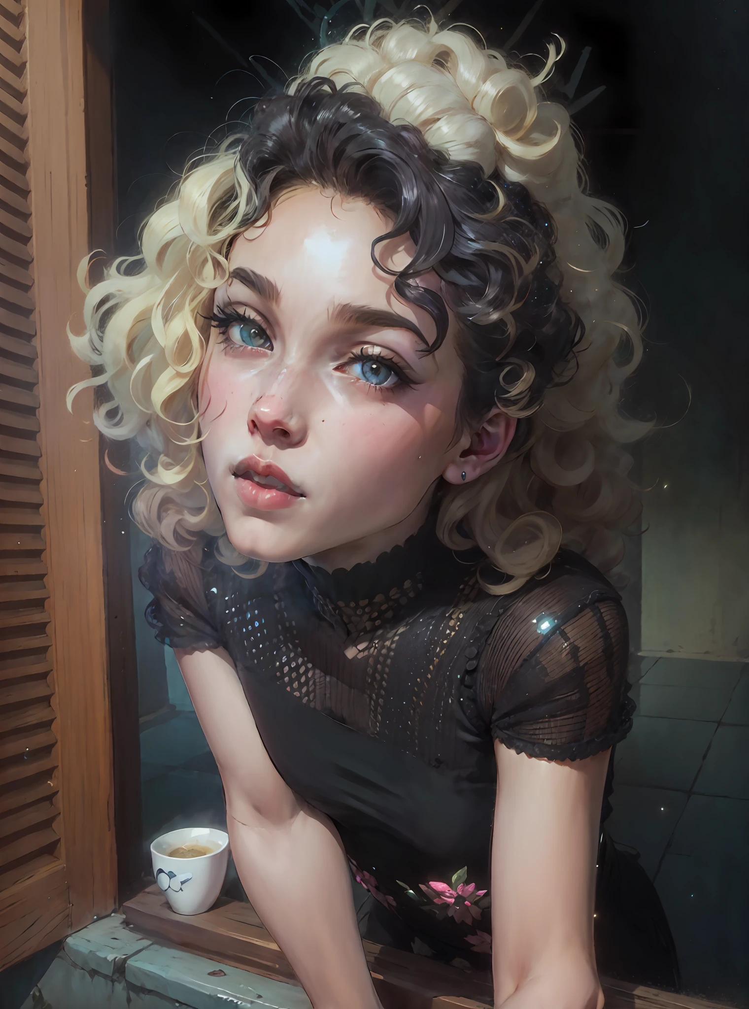 girl with short curly blonde hair, by Nándor Katona, curly blonde hair | d & d, pale skin curly blonde hair, curly blonde, inspired by Elsa Bleda, very curly blonde hair, messy curly hair, curls on top, around 1 9 years, curly hair