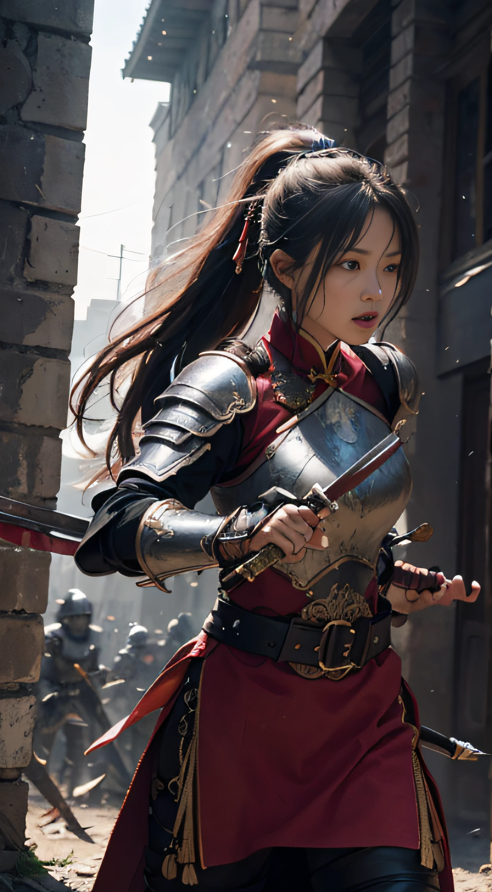 (Positive Focus), (In the Dark: 1), (Best Quality), (Realisticity: 1), Movie Poster, Realistic Skin Texture, Highly Detailed, 8k Wallpaper, Volume Lighting, Dynamic Lighting, A Girl, Long Black Hair, Ponytail, Black Metal Armor, Red Belt, Black Armor, Shoulder Armor, Waist Guard, Hand Guard, Veil, Holding a Long Sword in front of Body, Ancient Chinese Style, Short Sword at the Waist Attacking Posture, Lots of Blood, Damaged Clothes, Ancient Chinese Battlefield, A Group of Ancient Soldiers Chasing and Killing, Arrows Flying, War, night, dramatic composition, sword qi surrounding, rich picture detail, war, movie lighting,