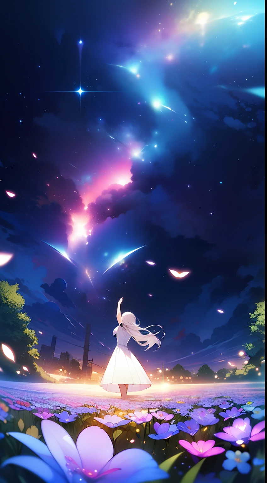 Extensive landscape photo , (looking up and down), Girl standing in flower field looking up, (Full Moon:1.2), ( Shooting Star:0.9), (Nebula:1.3), Flower field of white flowers, Shining flower field, Tree , (Warm light source:1.2), (Firefly:1. 2), Lamp, lots of orange and blue, fine details, voluminous Lighting BREAK (Masterpiece:1.2), (Top Quality), 4k, Super Dense, (Dynamic Composition:1.4), Very Fine Detail, Colorful Details, ( Iridescent:1.2), (Glowing Lighting, Atmospheric Lighting), Dreamlike, Fantastic, (Solo:1.2), Sparkling, Petals Dancing, White Hair, Beautiful hair, long hair, cat ears, back view, magical water effects, soap bubbles