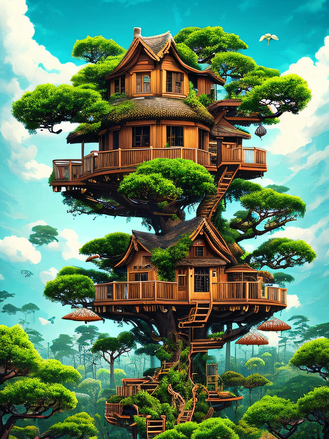 there is a tree house with a staircase and a tree in the middle, bonsai tree house, tree house, highly detailed illustration, tree town, treehouse, intricate detailed illustration, surreal + highly detailed, cyberpunk tree house, highly detailed digital artwork, best of behance, very detailed illustration, high detailed illustration, floral jungle treehouse, detailed intricate illustration, intricate 3 d illustration