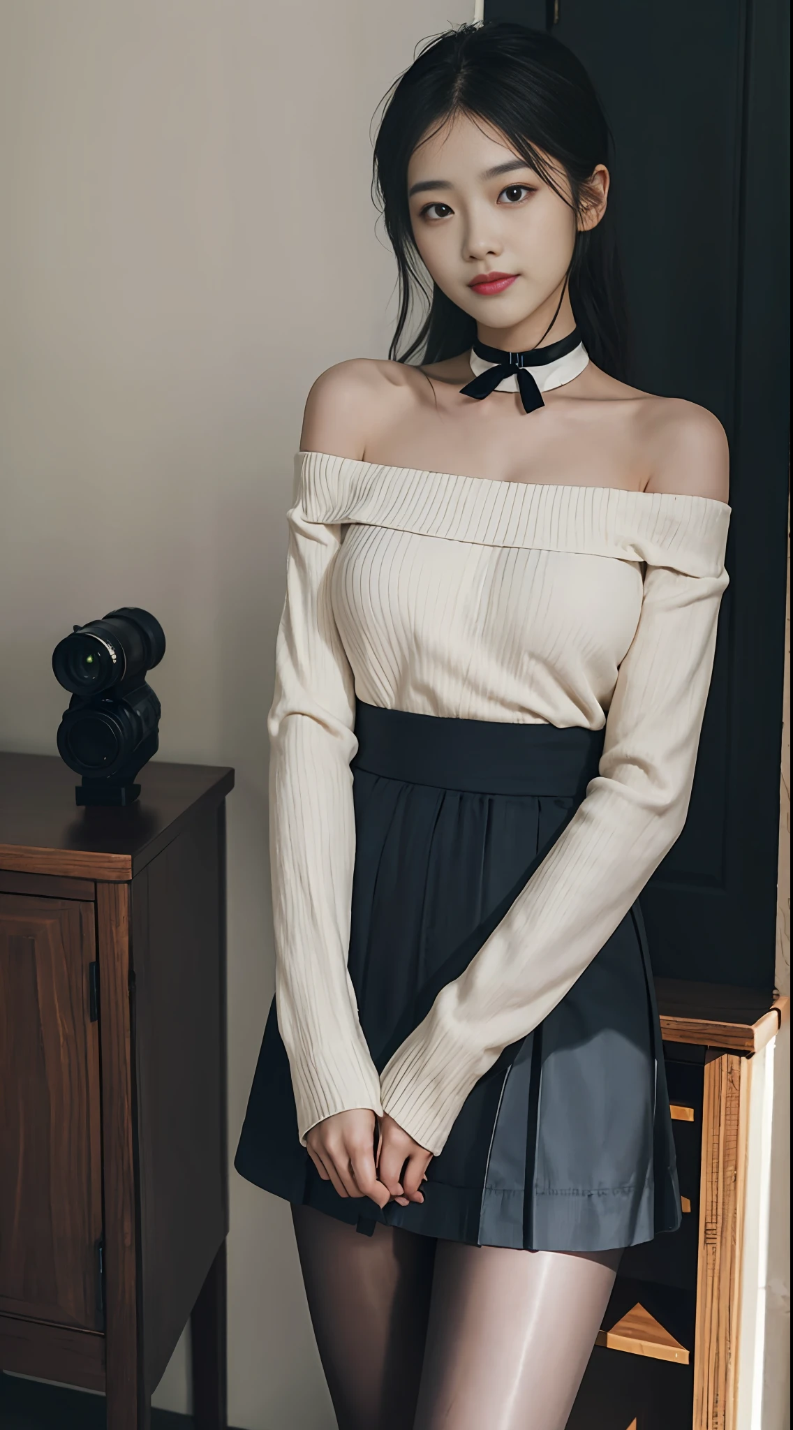 8k 超高清， digital SLR camera， filmgrain， 富士 XT3，（best best quality：1.3）， （master masterpiece：1.1）， great resolution， cinematic light， Complicated Detail， （PhotoRealistic）， Exterior， Beautiful outside， IT was sunny，
Korean girls，（In the café：1.5） ， Dimples， bobed hair， looking at the viewers， detailded， Ribbon， bow Tie， Naked Shoulders， ribbed sweater，
pencil skirt，high waist skirt，head rest，sitting，inside room，
 Choker，black pantyhoses，sheet transportation sweater，（Sorrisos），（total body：1.6），Slender，