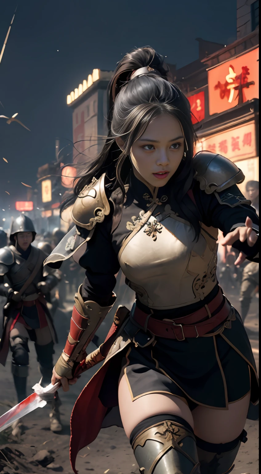 (Positive Focus), (In the Dark: 1), (Best Quality), (Realisticity: 1), Movie Poster, Realistic Skin Texture, Highly Detailed, 8k Wallpaper, Volume Lighting, Dynamic Lighting, A Girl, Long Black Hair, Ponytail, Black Metal Armor, Red Belt, Black Armor, Shoulder Armor, Waist Guard, Hand Guard, Veil, Holding a Long Sword in front of Body, Ancient Chinese Style, Short Sword at the Waist Attacking Posture, Lots of Blood, Damaged Clothes, Ancient Chinese Battlefield, A Group of Ancient Soldiers Chasing and Killing, Arrows Flying, War, night, dramatic composition, sword qi surrounding, rich picture detail, war, movie lighting,
