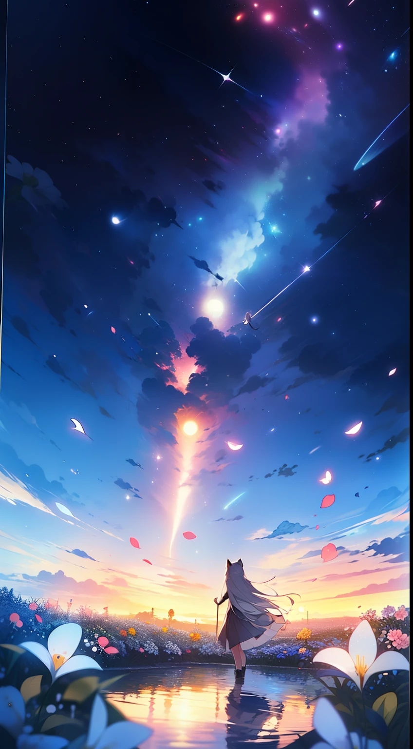 Extensive landscape photo , (looking up and down), Girl standing in flower field looking up, (Full Moon:1.2), ( Shooting Star:0.9), (Nebula:1.3), Flower field of white flowers, Shining flower field, Tree , (Warm light source:1.2), (Firefly:1. 2), Lamp, lots of orange and blue, fine details, voluminous Lighting BREAK (Masterpiece:1.2), (Top Quality), 4k, Super Dense, (Dynamic Composition:1.4), Very Fine Detail, Colorful Details, ( Iridescent:1.2), (Glowing Lighting, Atmospheric Lighting), Dreamlike, Fantastic, (Solo:1.2), Sparkling, Petals Dancing, White Hair, Beautiful hair, long hair, cat ears, back view, magical water effects, soap bubbles
