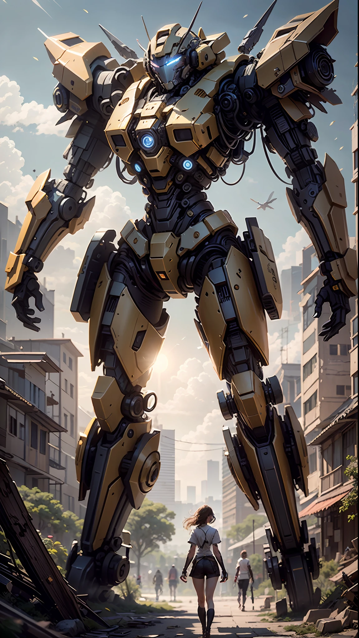 ((Best quality)), ((masterpiece)), (highly detailed:1.3), 3D,Shitu-mecha, beautiful cyberpunk women with her mecha in the ruins of city from a forgoten war, ancient technology,HDR (High Dynamic Range),Ray Tracing,NVIDIA RTX,Super-Resolution,Unreal 5,Subsurface scattering,PBR Texturing,Post-processing,Anisotropic Filtering,Depth-of-field,Maximum clarity and sharpness,Multi-layered textures,Albedo and Specular maps,Surface shading,Accurate simulation of light-material interaction,Perfect proportions,Octane Render,Two-tone lighting,Low ISO,White balance,Rule of thirds,Wide aperature,8K RAW,Efficient Sub-Pixel,sub-pixel convolution,luminescent particles,light scattering,Tyndall effect