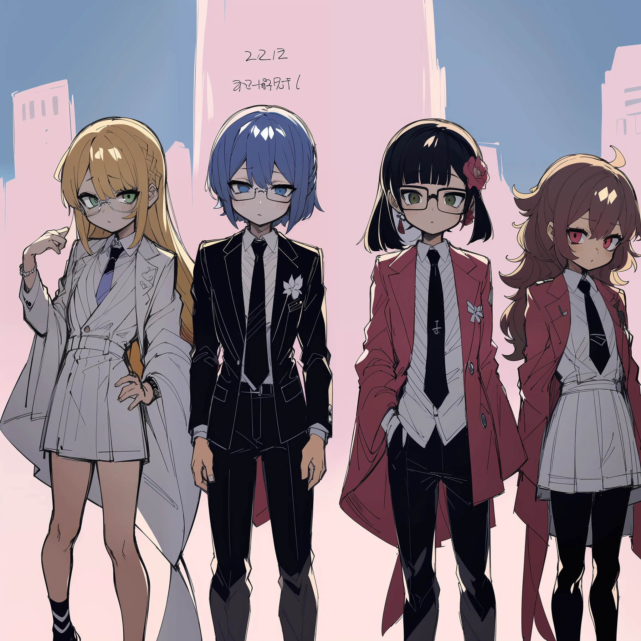 anime characters with glasses and a tie are standing next to each other, a manga drawing by Kamagurka, pixiv, shin hanga, zerochan, 2 d anime style, 2 d anime, zerochan art, in ryuuou no oshigoto art style, mix styles of tsutomu nihei, in japanese anime style, in manga style