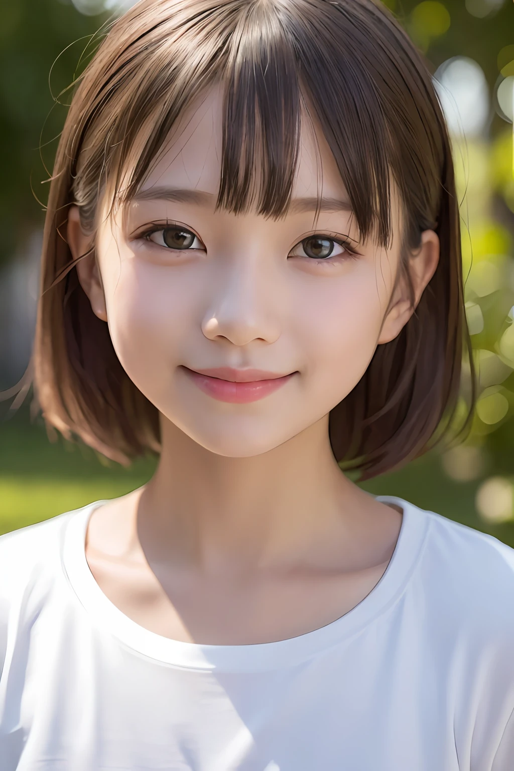 masterpiece, 8K, high definition, solo, highly detailed face, girl alone, ((toddler)), 10 years old, white t-shirt, photo, realistic, top quality, detailed face, white background, diffused lighting, shortcuts, black hair, (facing front)), black and small and narrow eyes, (smile)), busyke, (Asian))