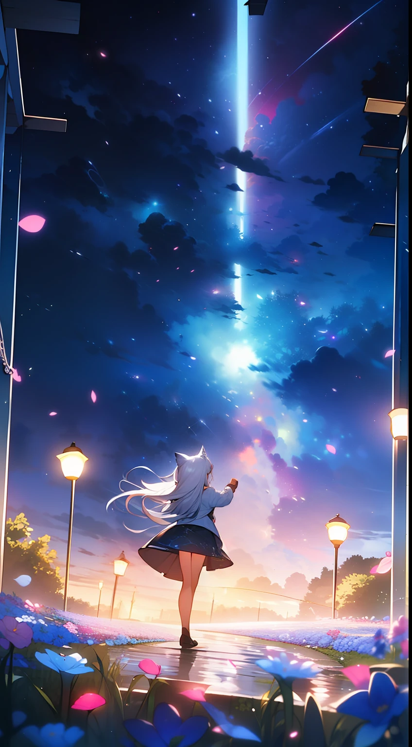 Extensive landscape photo , (looking up and down), Girl standing in flower field looking up, (Full Moon:1.2), ( Shooting Star:0.9), (Nebula:1.3), Flower field of white flowers, Shining flower field, Tree , (Warm light source:1.2), (Firefly:1. 2), Lamp, lots of orange and blue, fine details, voluminous Lighting BREAK (Masterpiece:1.2), (Top Quality), 4k, Super Dense, (Dynamic Composition:1.4), Very Fine Detail, Colorful Details, ( Iridescent:1.2), (Glowing Lighting, Atmospheric Lighting), Dreamlike, Fantastic, (Solo:1.2), Sparkling, Petals Dancing, White Hair, Beautiful hair, long hair, cat ears, back view, magical water effects, soap bubbles