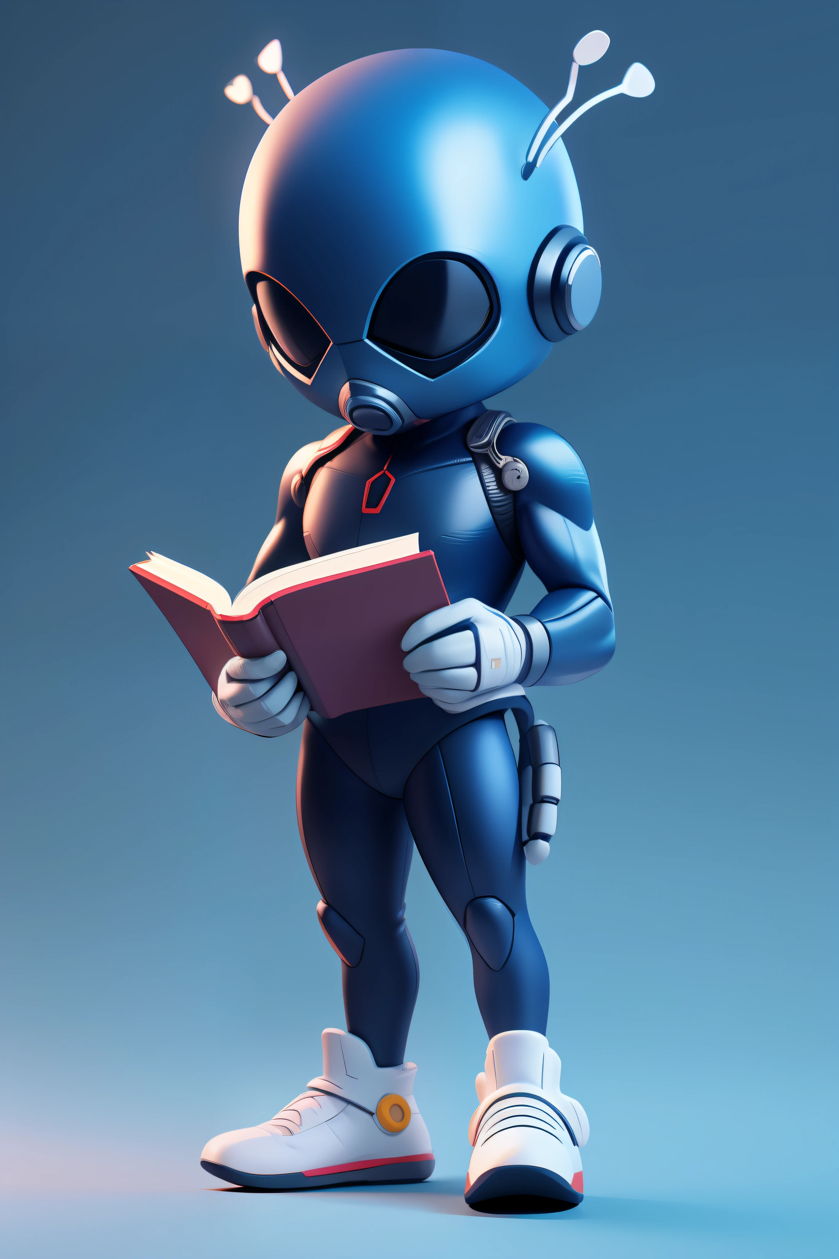 3dcharacter,antman, reading book (full body:1.2),simple background, masterpiece,best quality,(blue navy gradient background:1.1)