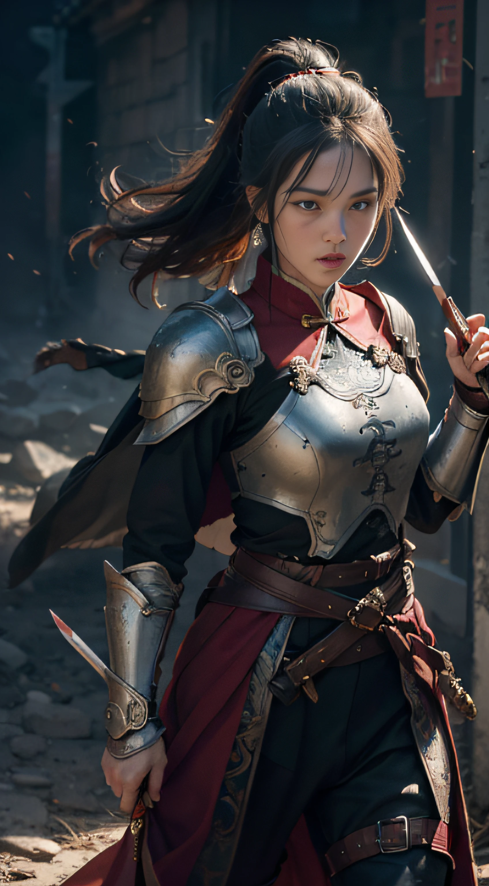 (Positive Focus), (In the Dark: 1), (Best Quality), (Realisticity: 1), Movie Poster, Realistic Skin Texture, Highly Detailed, 8k Wallpaper, Volume Lighting, Dynamic Lighting, A Girl, Long Black Hair, Ponytail, Black Metal Armor, Red Belt, Black Armor, Shoulder Armor, Waist Guard, Hand Guard, Veil, Holding a Long Sword in front of Body, Ancient Chinese Style, Short Sword at the Waist Attacking Posture, Lots of Blood, Damaged Clothes, Ancient Chinese Battlefield, A Group of Ancient Soldiers Chasing and Killing, Arrows Flying, War, night, dramatic composition, sword qi surrounding, rich picture detail, war, movie lighting,