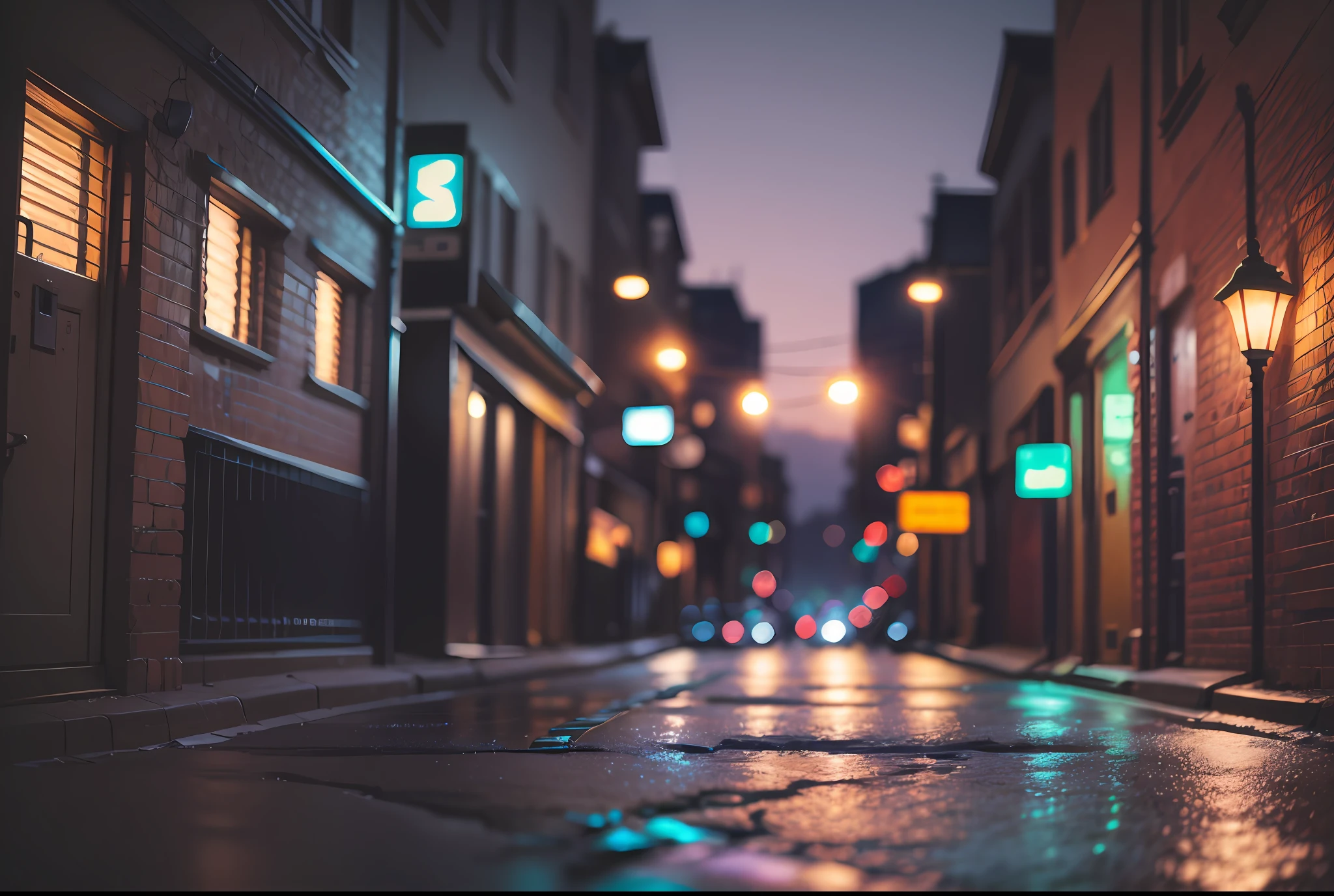 front view, dark lighting, dark wet alley, distopic future, blur red and blue police strobe lights far in the background, 8k, Hdr