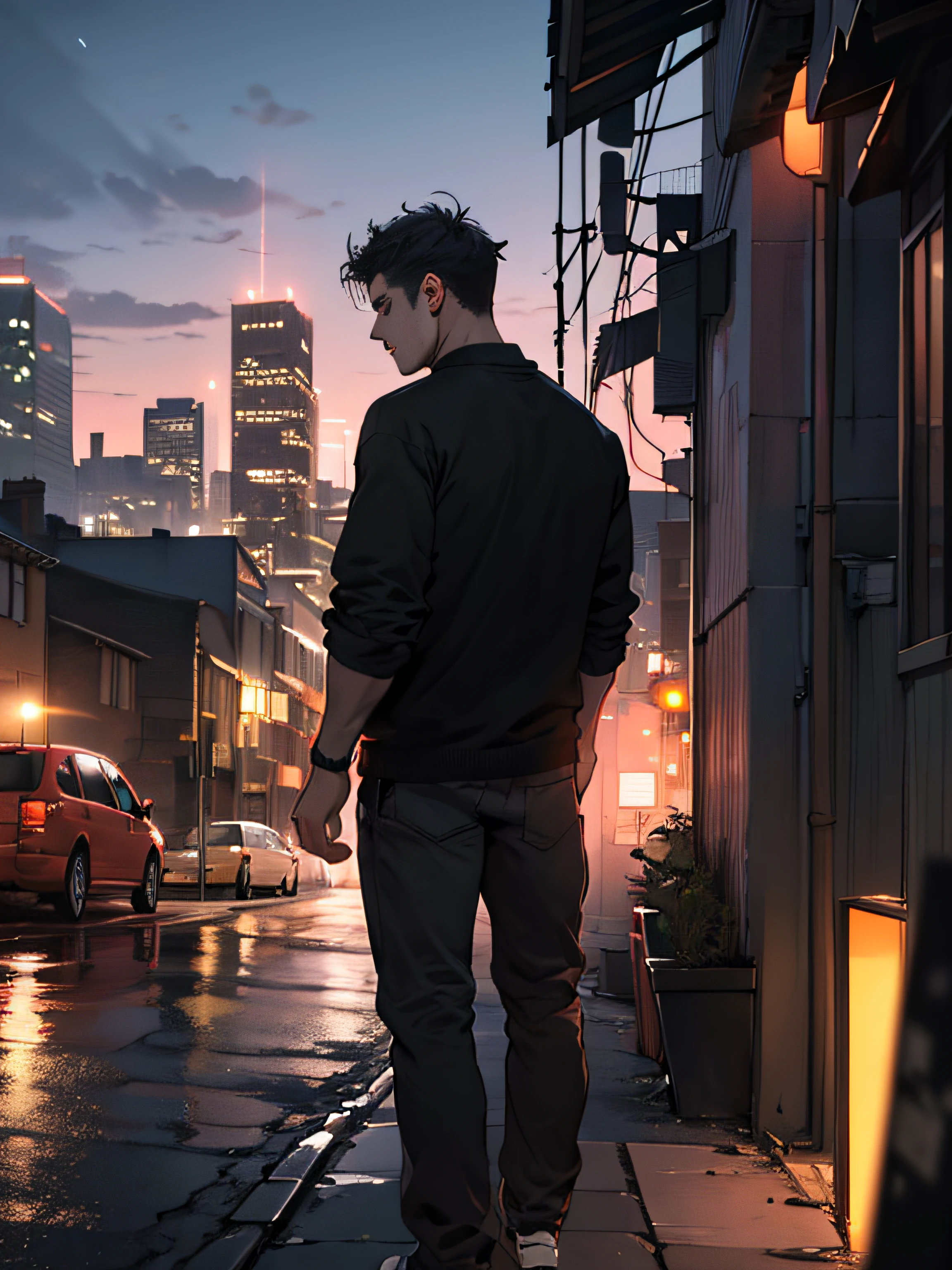 1man,masterpiece,best quality, ultra high res, dusk,cityscape,depth of field, short black messy hair, solo male