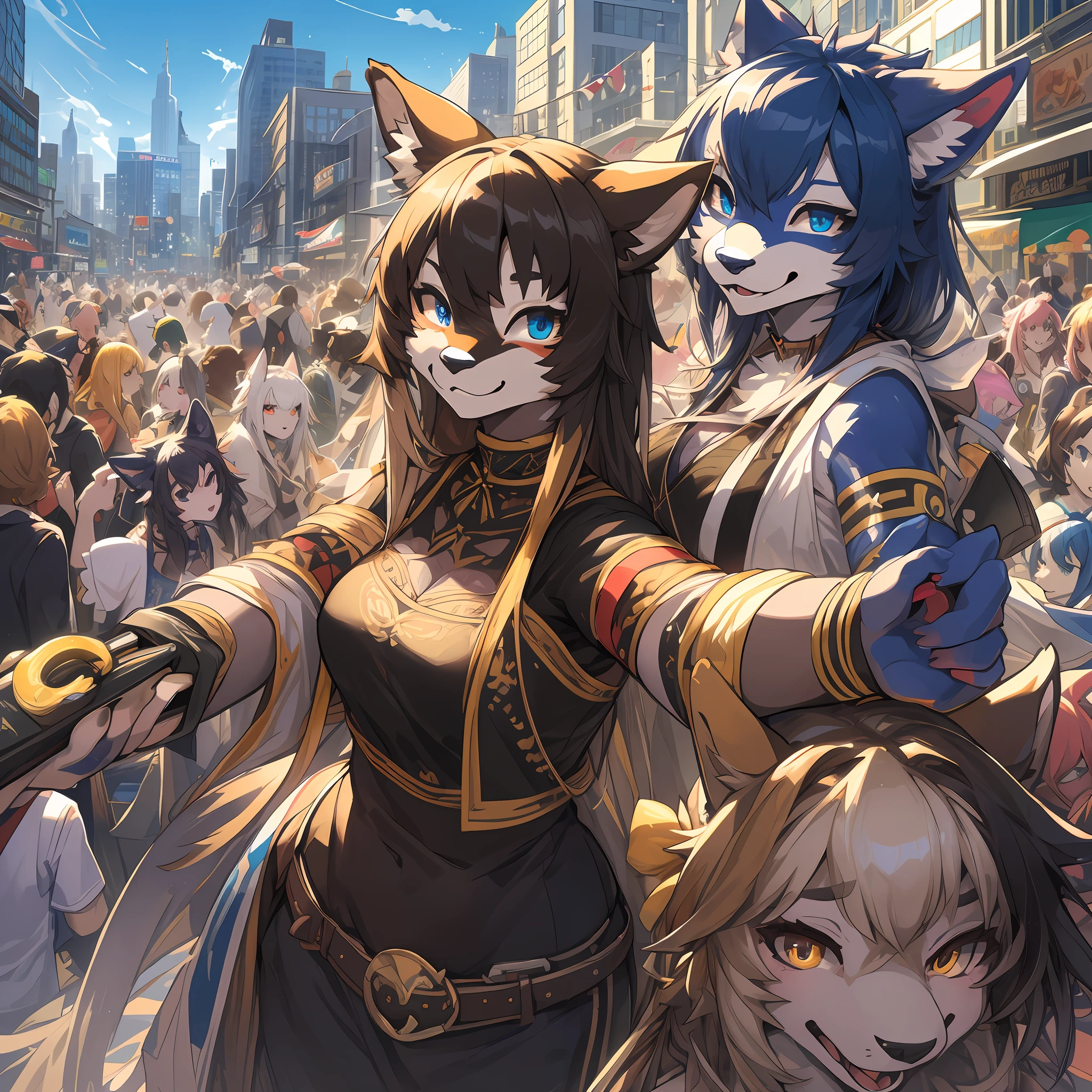 top quality, best quality, High-quality illustrations, masterpiece, super high resolution, detailed background, Crowded cityscape, million+girls, group shot, festival, absurdres(highly detailed beautiful face and eyes)perfect anatomy(kemono)(furry anthro)selfie,