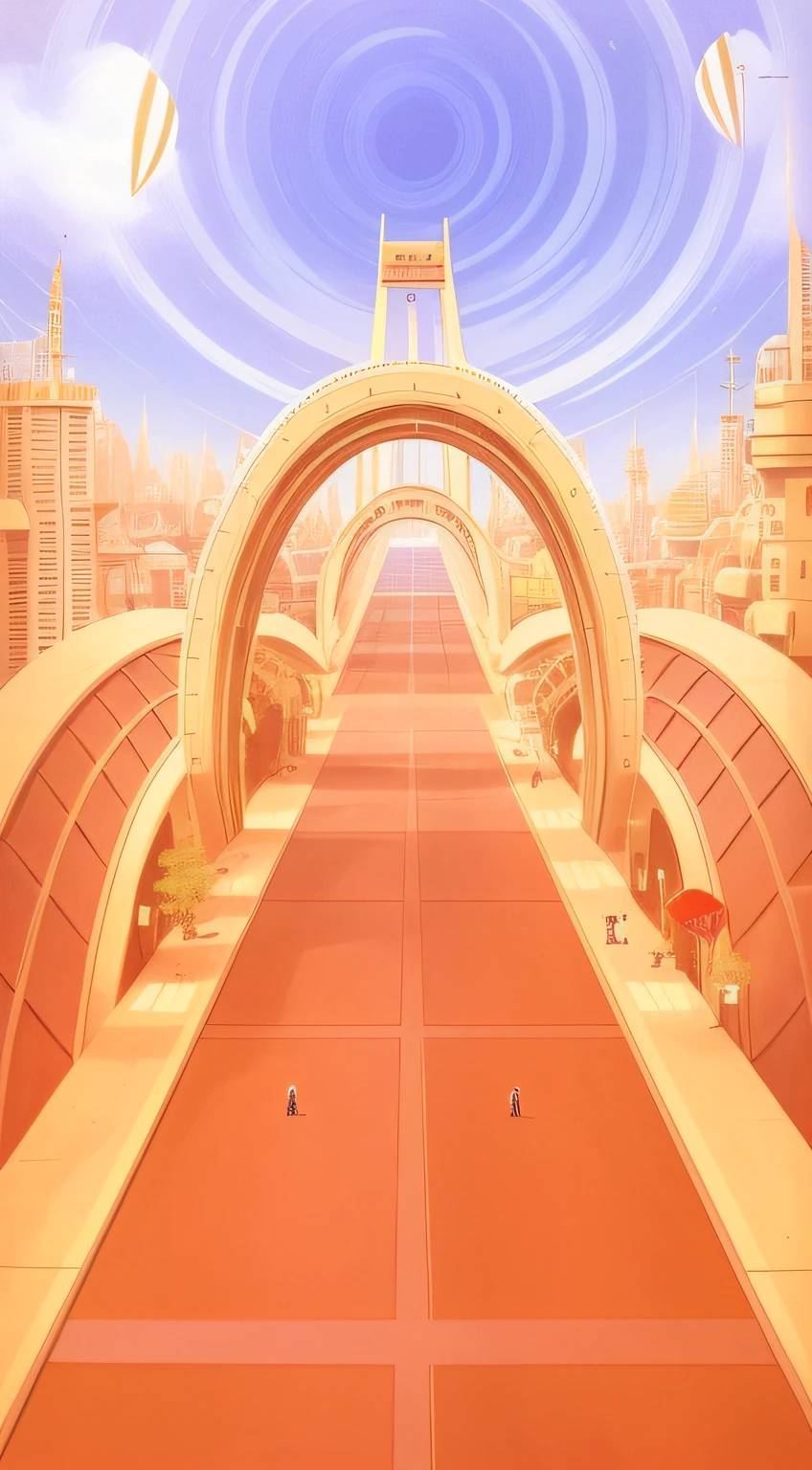 there is a picture of a futuristic city with a giant wheel, futuristic street, gateway to futurisma, futuristic city street, futuristic city backdrop, retrofuturist liminal space, retro futurist, retro-futurism, retro - futurism, retrofuturistic digital painting, sky bridge, retro futuristic illustration, background art, futuristic utopian city, futuristic landscape, retro futurist style