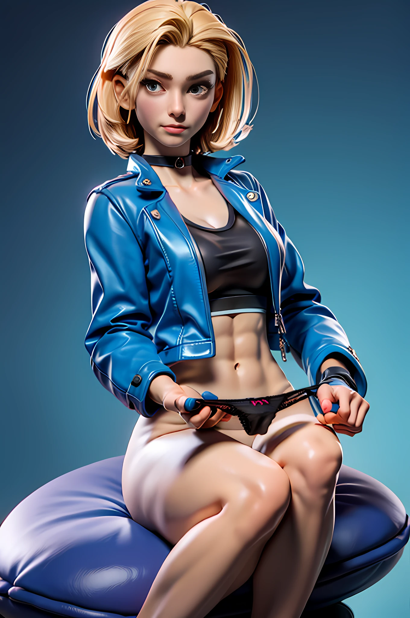 ((best quality)), ((masterpiece)), (detailed),cammyms, sf6,holding panties, gloves, navel, cleavage, jacket, choker, midriff, fingerless gloves, crop top, scar, ((no pants)), abs, blue jacket, cropped jacket, sports bra,short hair,(((left hand holding panties))),black panties,(((right hand covering crotch))),,a girl sitting , naked,meditatic, nose blush, pantless, triangular shape on the center,best quality,3dmm style,3d,realistic, high-quality, 3D realistic works,medium full shot