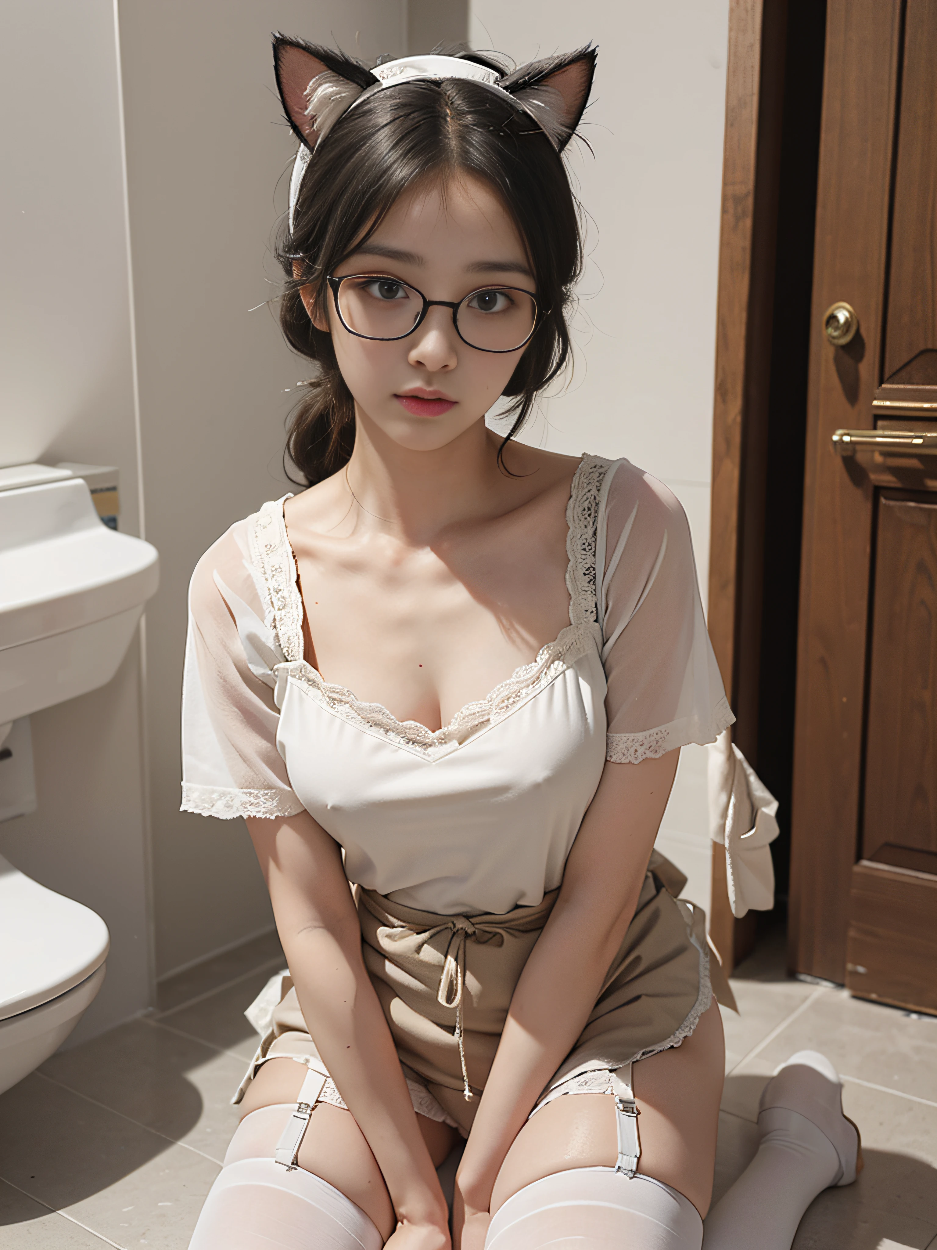 hyper-realistic), (illustration), (high resolution), (32K), (extremely detailed), (best illustration), (beautiful detailed eyes), (best quality), (super detailed), (masterpiece), ( wallpaper), (detailed and delicate face), solo, pee yourself, pee on legs, surrounded by other people, highly detailed face and skin texture, detailed eyes, double eyelids, twisted braid with ball head with hairpins, large-framed glasses, wearing fleshy fairy sweet pure lust lace print embroidery to see through, Wearing cat ears, kneeling on both knees, nervously bowing her head, shy, embarrassed and shocked, standing with her legs open, on the floor of the dry men's toilet, a small puddle of her own urine is forming around her feet, peeing very desperately, peeing, wetting yourself, urination, tears, fear, despair, panic, high detail, ballet dancing with a belly in October, feet in ballet shoes, (dynamic pose), 1 girl, white wavy hair on the toilet bowl, Korean, heterochromia, small moles under the eyes, (( Apron)), big breasts, long legs, tight abs, wearing large round frame glasses, (camel toe), (black and white stockings), (no panties), (no bra)