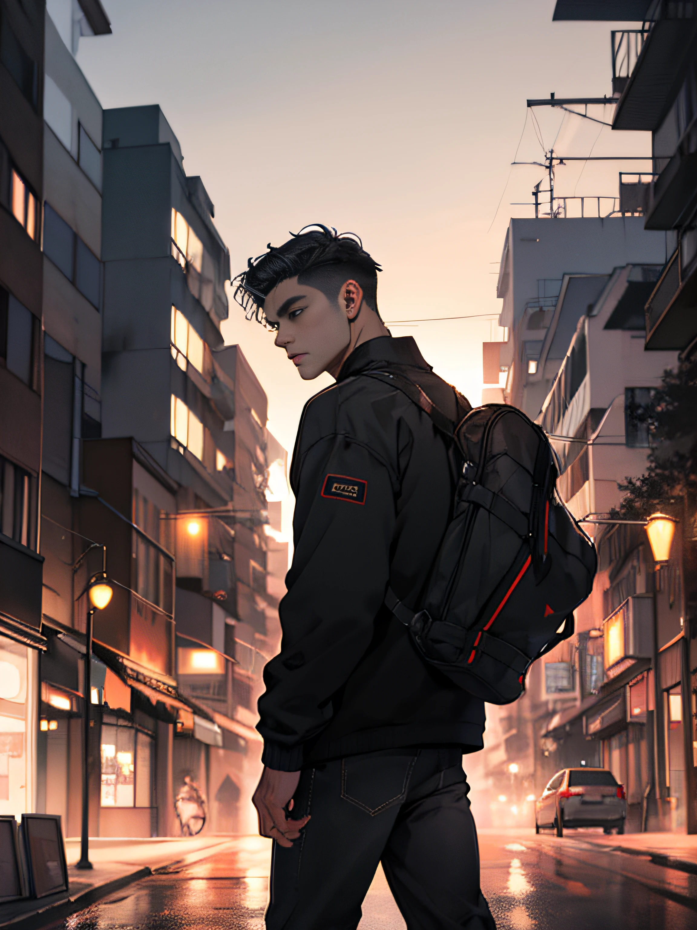 1man,masterpiece,best quality, ultra high res, dusk,cityscape,depth of field, short black messy hair, solo male