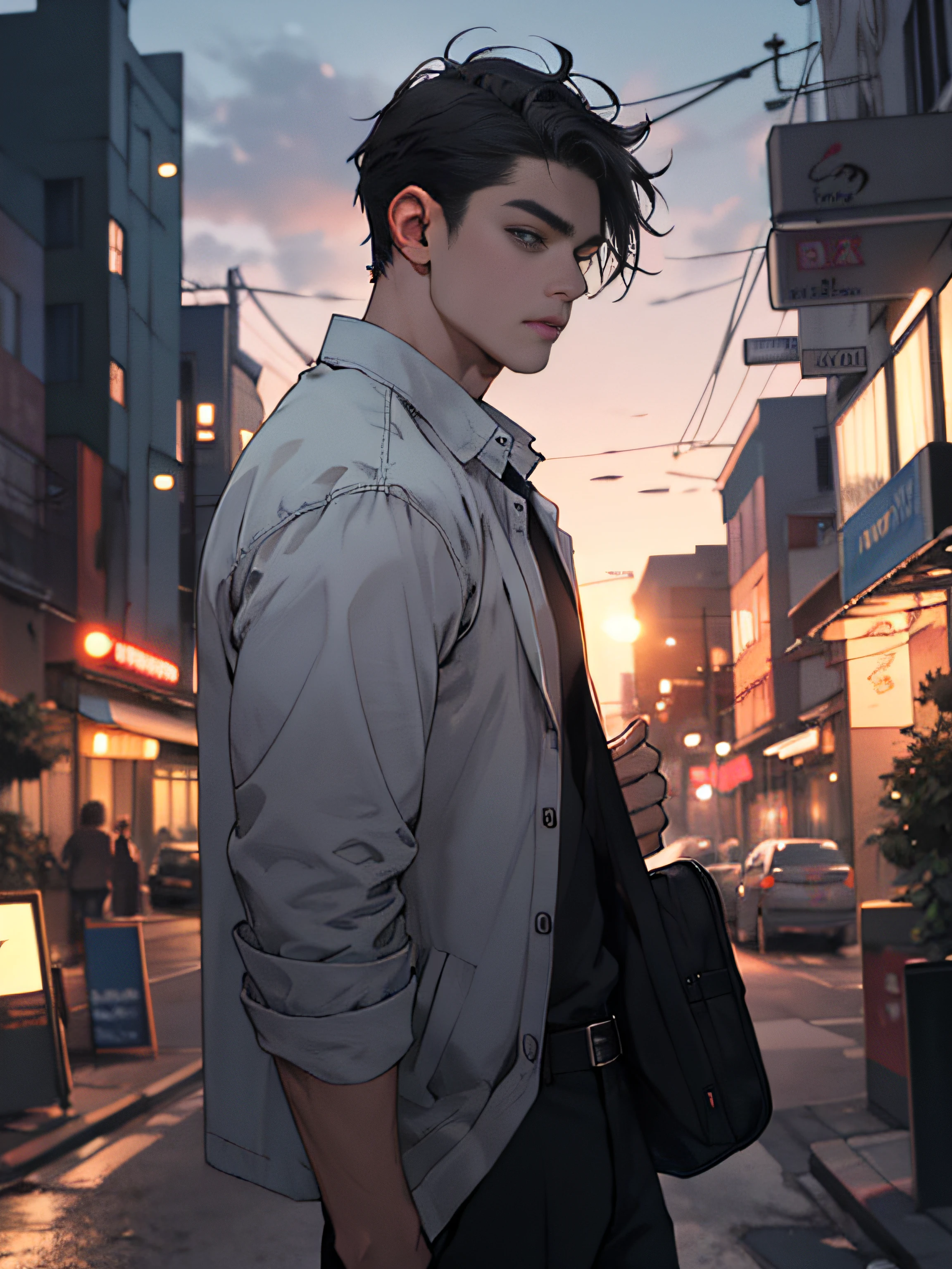 1man,masterpiece,best quality, ultra high res, dusk,cityscape,depth of field, short black messy hair, solo male