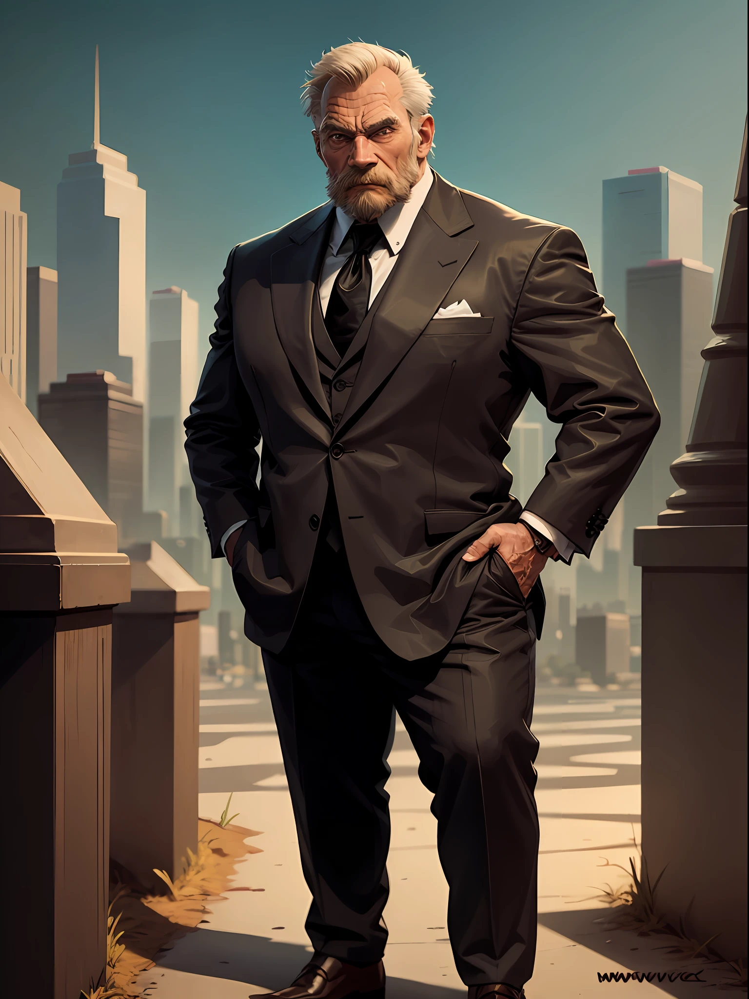 a portrait muscular old man standing wearing suits, full body, mwvector, city background