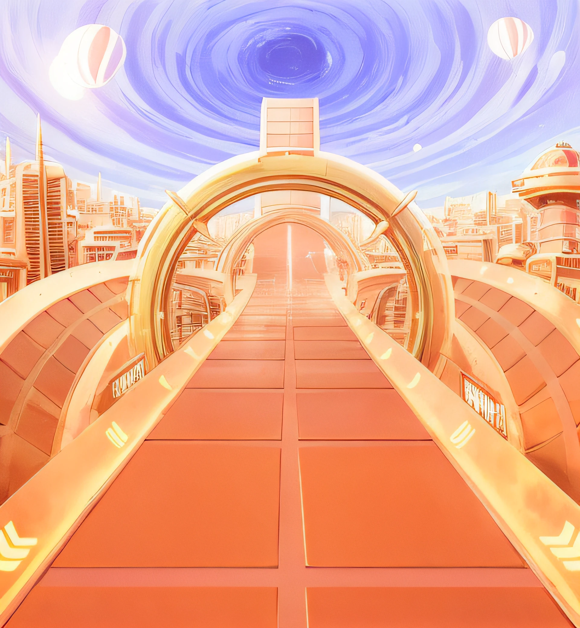 there is a picture of a futuristic city with a giant wheel, gateway to futurisma, futuristic street, futuristic city street, futuristic city backdrop, retrofuturist liminal space, retro futurist, retro - futurism, retro-futurism, retrofuturistic digital painting, sky bridge, retro futuristic illustration, background art, futuristic utopian city, futuristic landscape