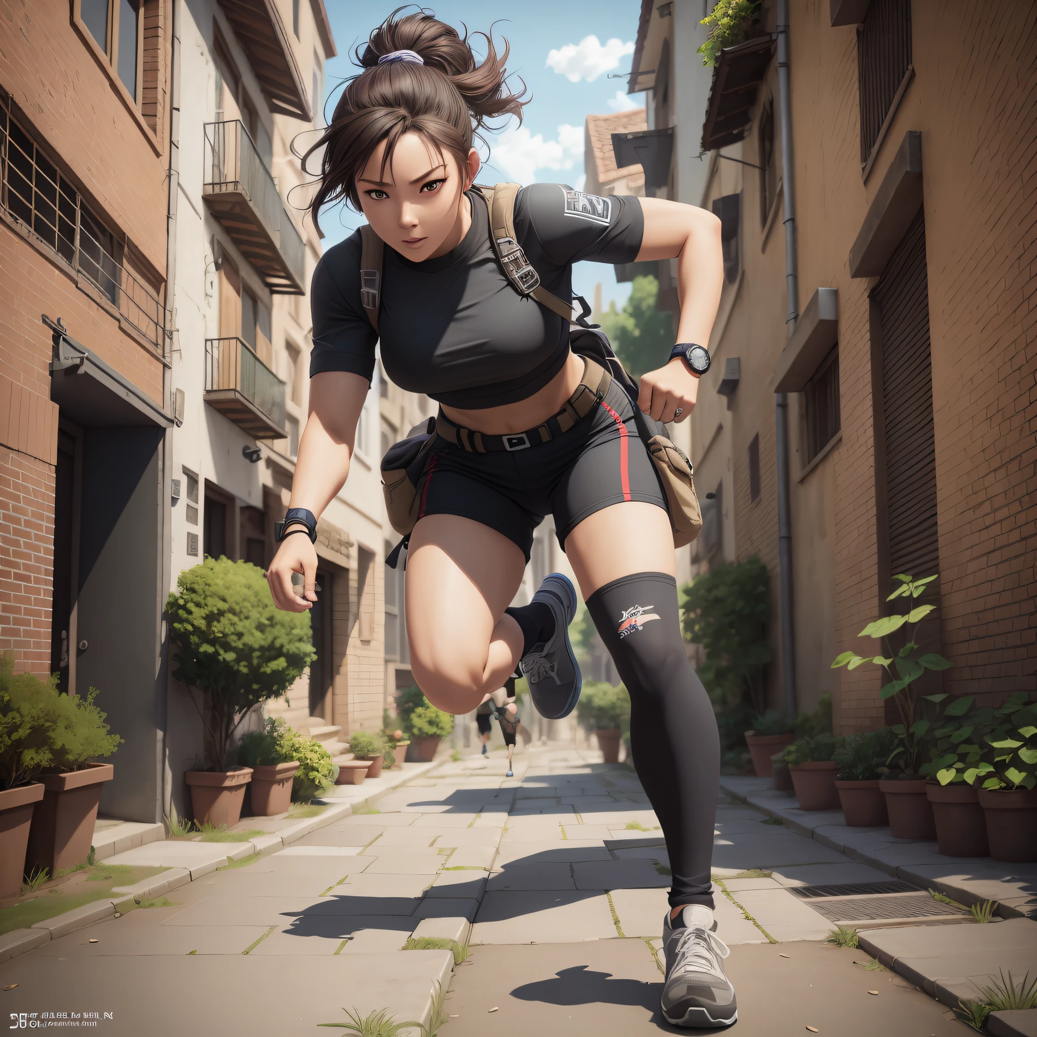 there is a woman running down a street with a backpack, the anime girl is running, running through italian town, adventure hyper realistic render, by Jason Chan, octane cgsociety, cgsociety 8k, cgsociety 8k, cgsociety 8 k, running pose, cinematic. by leng jun, sprinting, realistic anime 3 d style, game cg