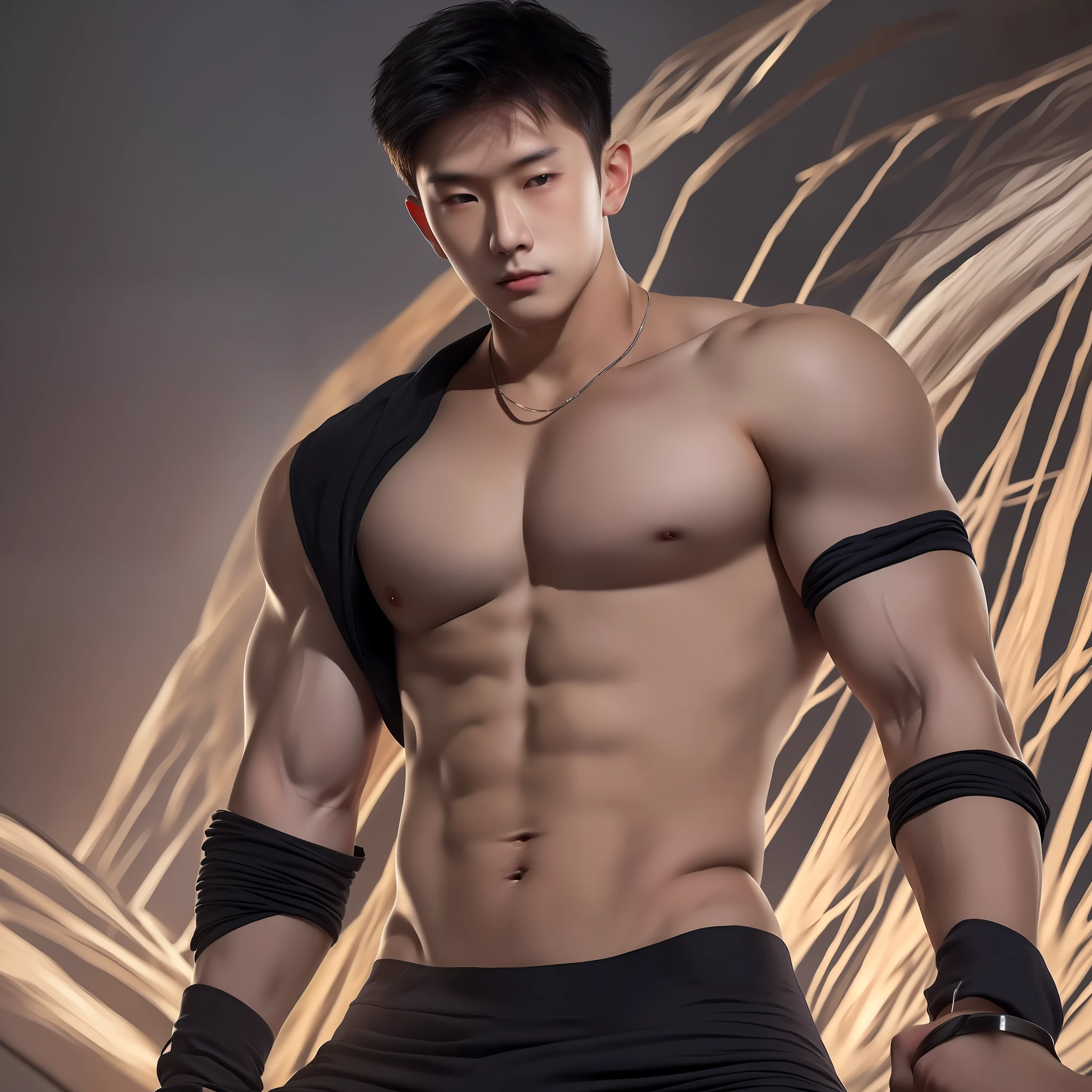 Best quality, 8k, realistic lighting, super pretty face, beautiful eyes, double eyelids, asian man, soldier, 21 year old chinese man, muscular, jungle background, panorama, muscular chest, muscular limbs, pronounced muscular lines, delicate combination of facial features, perfect body proportions, dark skin, (highly detailed skin: 1.2) , masterpiece, best quality, high resolution, realistic. No shirt, sexy black underwear. strong body, revealing chest, muscles and big thighs. short and black hair. Beautiful face, high detail, creating a man's charm. eyes filled with lust.