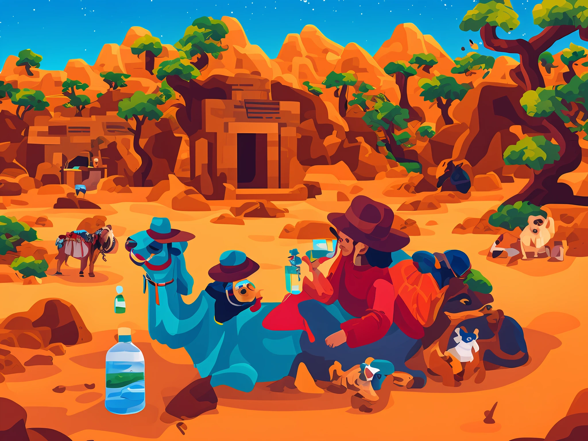 Shape-shifting sofa, pet paradise, camel in hat, banyan tree drinking water, desert, stars in the background,