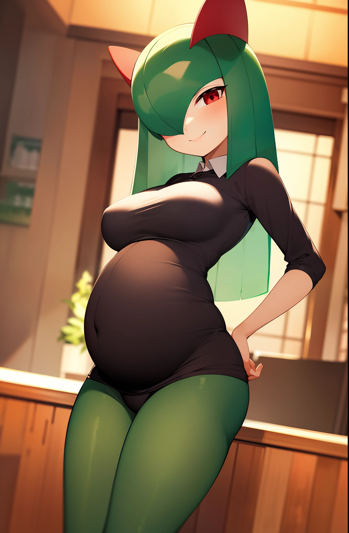 masterpiece, best quality, 1 girl, solo, kirlia, green hair, red eyes, female breasts, medium breasts, in a restaurant, smiling, maid uniform, black clothes, pregnant, carries a tray under her arm.