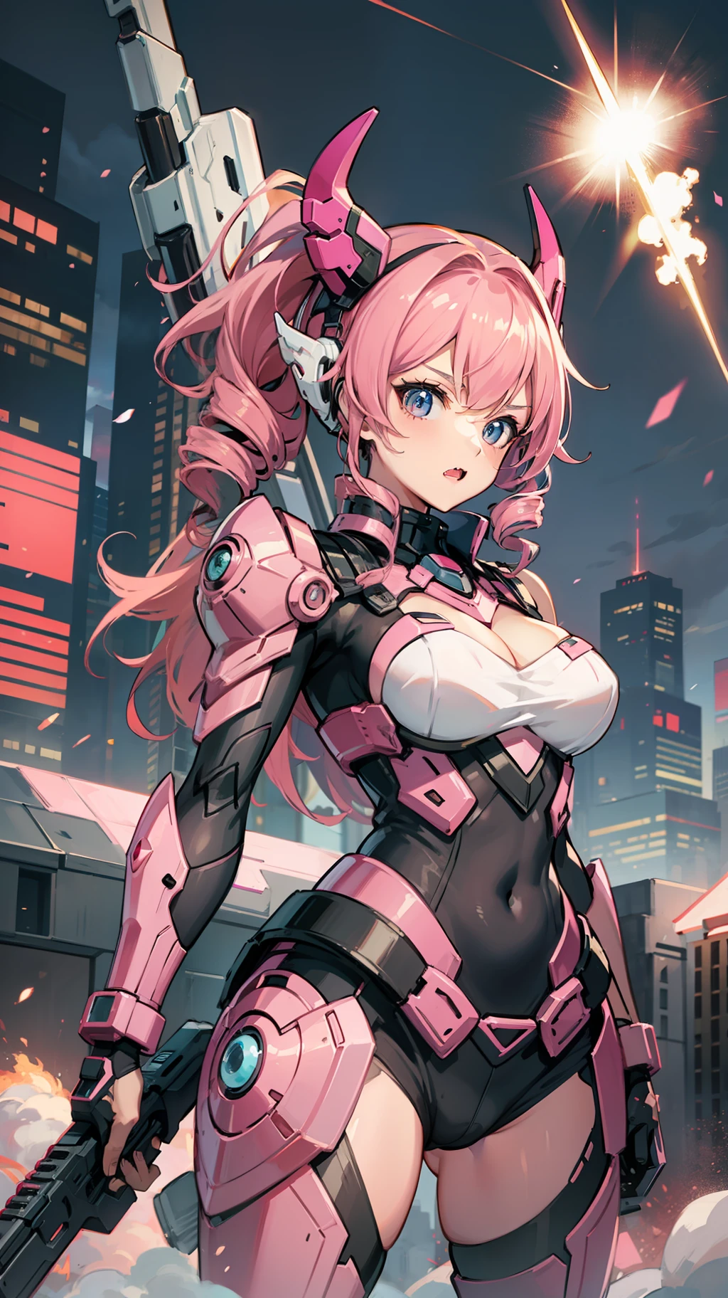 a cartoon character in pink armor holding a gun to her chest, standing on a platform, 1girl, solo, mecha musume, pink hair, weapon, gun, drill hair, fang