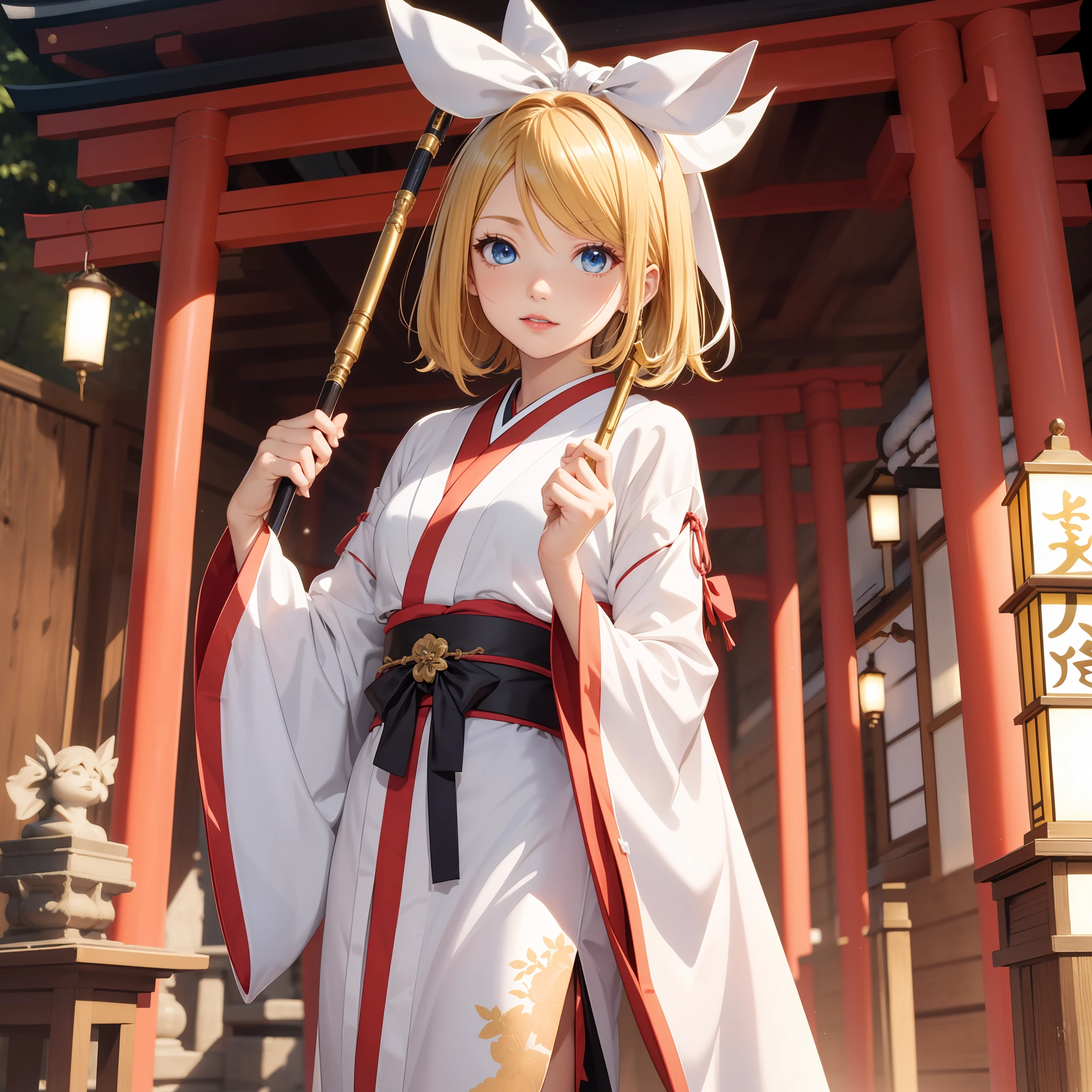 Kagamine rin, shrine, miko, priestess ((traditional of Japan)), blue eyes, blond hair, red lips, beautiful girl, 1girl, holding ceremonial staff