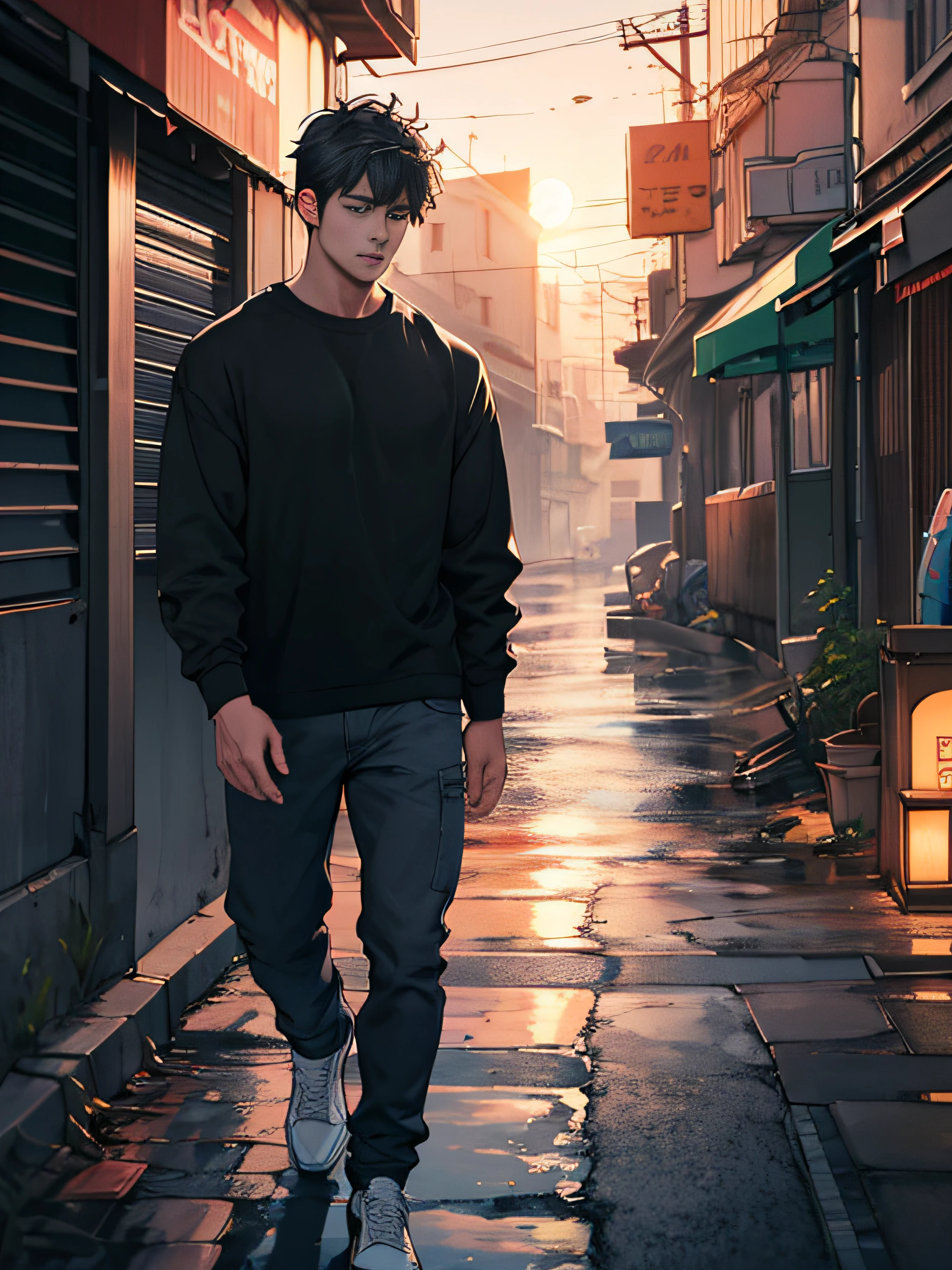 1man,masterpiece,best quality, ultra high res, dusk,cityscape,depth of field, short black messy hair, solo male