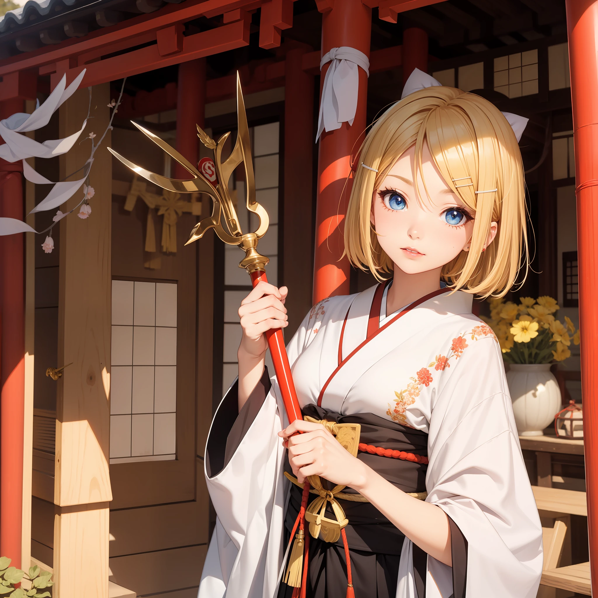 Kagamine rin, shrine, miko, priestess ((traditional of Japan)), blue eyes, blond hair, red lips, beautiful girl, 1girl, holding ceremonial staff