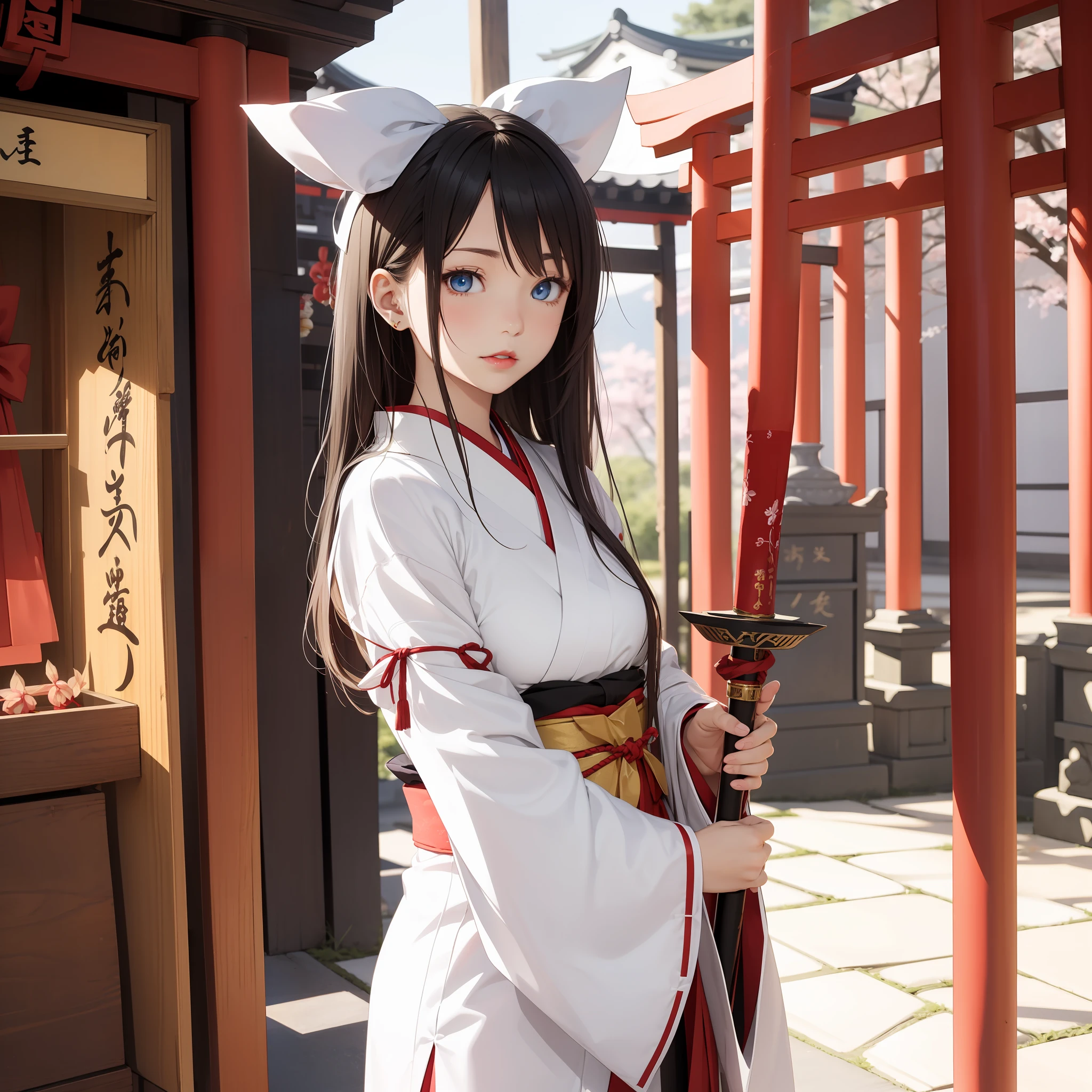 Kagamine rin, shrine, miko, priestess ((traditional of Japan)), blue eyes, blond hair, red lips, beautiful girl, 1girl, holding ceremonial staff