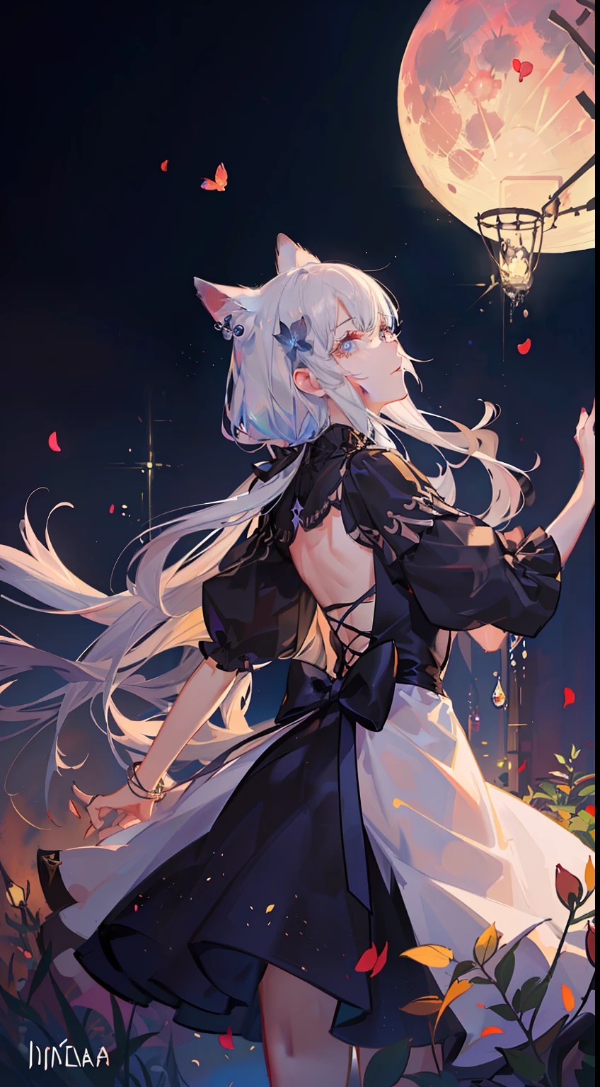 Extensive landscape photo , (looking up and down), Girl standing in flower field looking up, (Full Moon:1.2), ( Shooting Star:0.9), (Nebula:1.3), Flower field of white flowers, Shining flower field, Tree , (Warm light source:1.2), (Firefly:1. 2), Lamp, lots of orange and blue, fine details, voluminous Lighting BREAK (Masterpiece:1.2), (Top Quality), 4k, Super Dense, (Dynamic Composition:1.4), Very Fine Detail, Colorful Details, ( Iridescent:1.2), (Glowing Lighting, Atmospheric Lighting), Dreamlike, Fantastic, (Solo:1.2), Sparkling, Petals Dancing, White Hair, Beautiful hair, long hair, cat ears, back view, magical water effects, soap bubbles