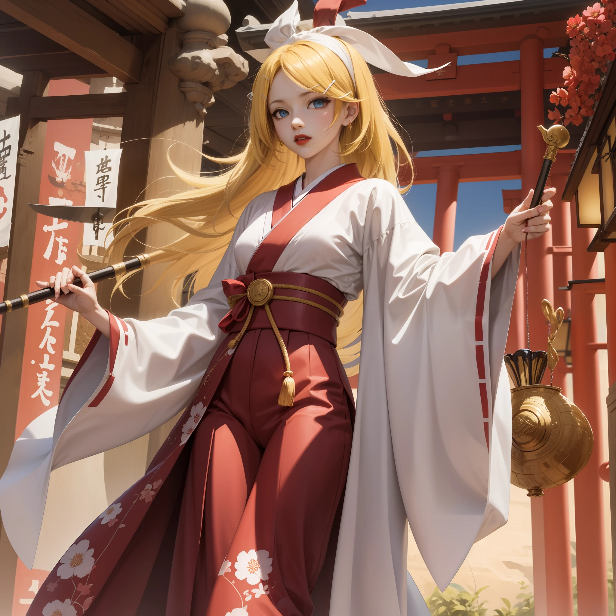 Kagamine rin, shrine, miko, priestess ((traditional of Japan)), blue eyes, blond hair, red lips, beautiful girl, 1girl, holding ceremonial staff