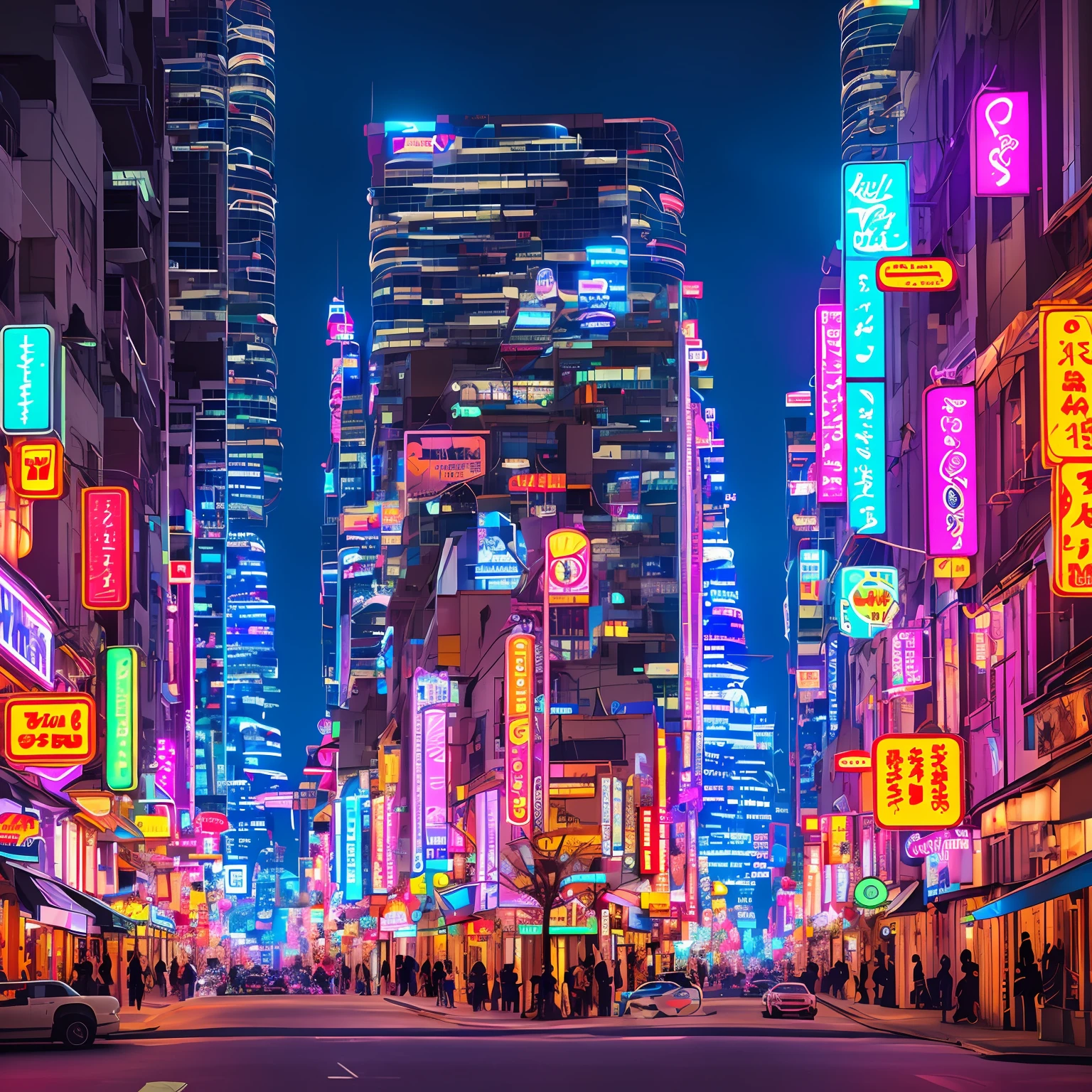 This static image shows the concept of enterprise commerce through artificial intelligence GPT. This work in the form of photographic art is inspired by the hustle and bustle and energy of the metropolis. Using a 35mm lens, the photographer captured the busy commercial streets, with high-rise buildings standing on either side and neon lights framing the city at night. The image has a chilly color temperature, showing the tense expression on the busy face of a workaholic, and the lighting spills from the street lamps and neon lights, creating an atmosphere full of tension and vitality. --v 5 --stylize 1000 --auto
