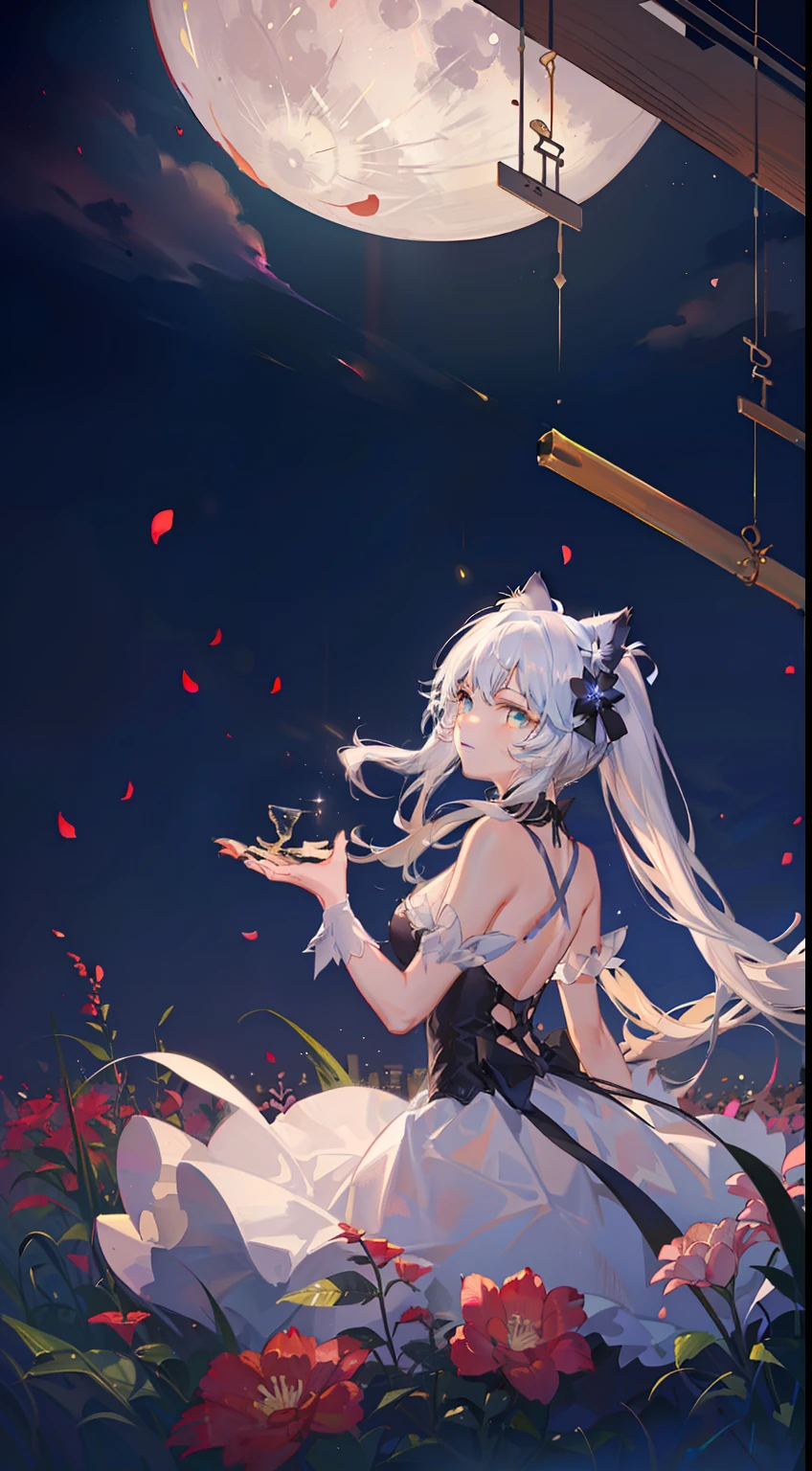 Extensive landscape photo , (looking up and down), Girl standing in flower field looking up, (Full Moon:1.2), ( Shooting Star:0.9), (Nebula:1.3), Flower field of white flowers, Shining flower field, Tree , (Warm light source:1.2), (Firefly:1. 2), Lamp, lots of orange and blue, fine details, voluminous Lighting BREAK (Masterpiece:1.2), (Top Quality), 4k, Super Dense, (Dynamic Composition:1.4), Very Fine Detail, Colorful Details, ( Iridescent:1.2), (Glowing Lighting, Atmospheric Lighting), Dreamlike, Fantastic, (Solo:1.2), Sparkling, Petals Dancing, White Hair, Beautiful hair, long hair, cat ears, back view, magical water effects, soap bubbles