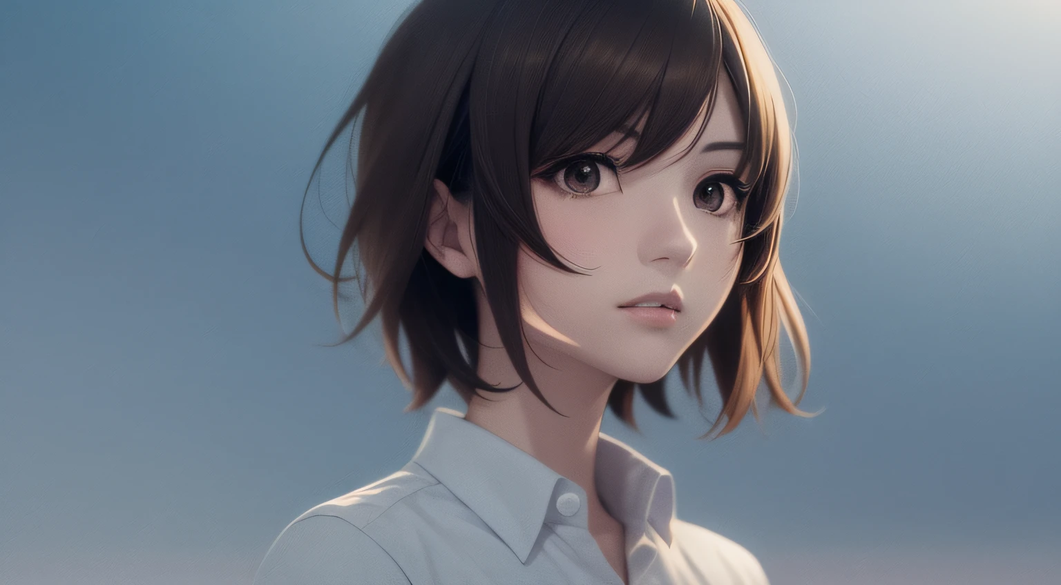 Very detailed and accurate anime style illustration, very beautiful female face, brown short hair, fully round gray eyes, white shirt, immaculate world with background, Makoto Shinkai anime style.