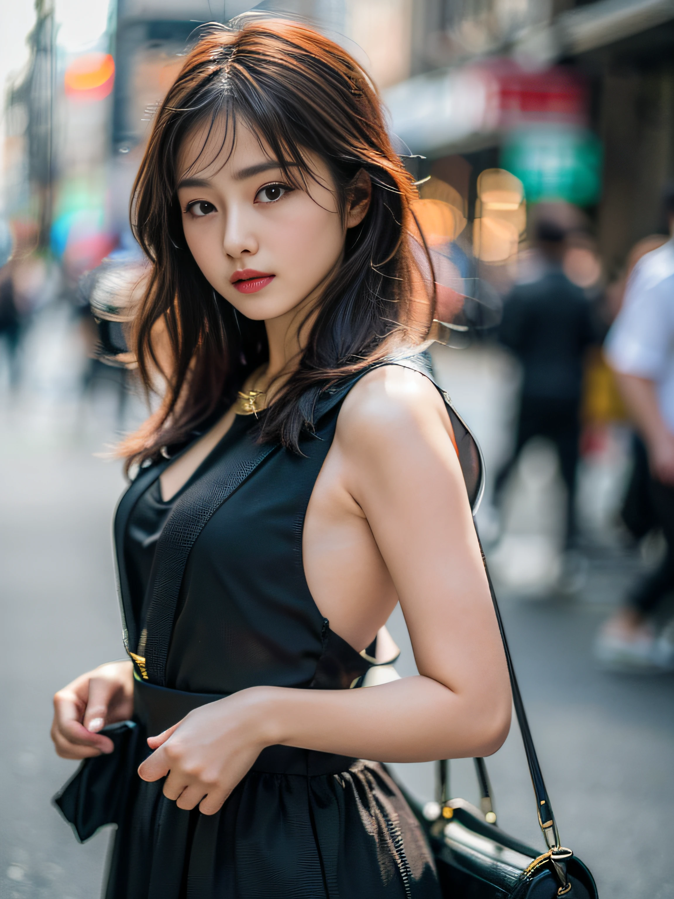 Woman posing seductive on street corner, top quality, high resolution, 8k, girl alone, outdoor, (street: 0.8), (people, crowd: 1), sleeveless dress, black dress: 1.5), gorgeous, (medium hair), (dynamic pose: 0.8), (upper body: 1.2), soft lighting, wind, glossy skin, gaze,